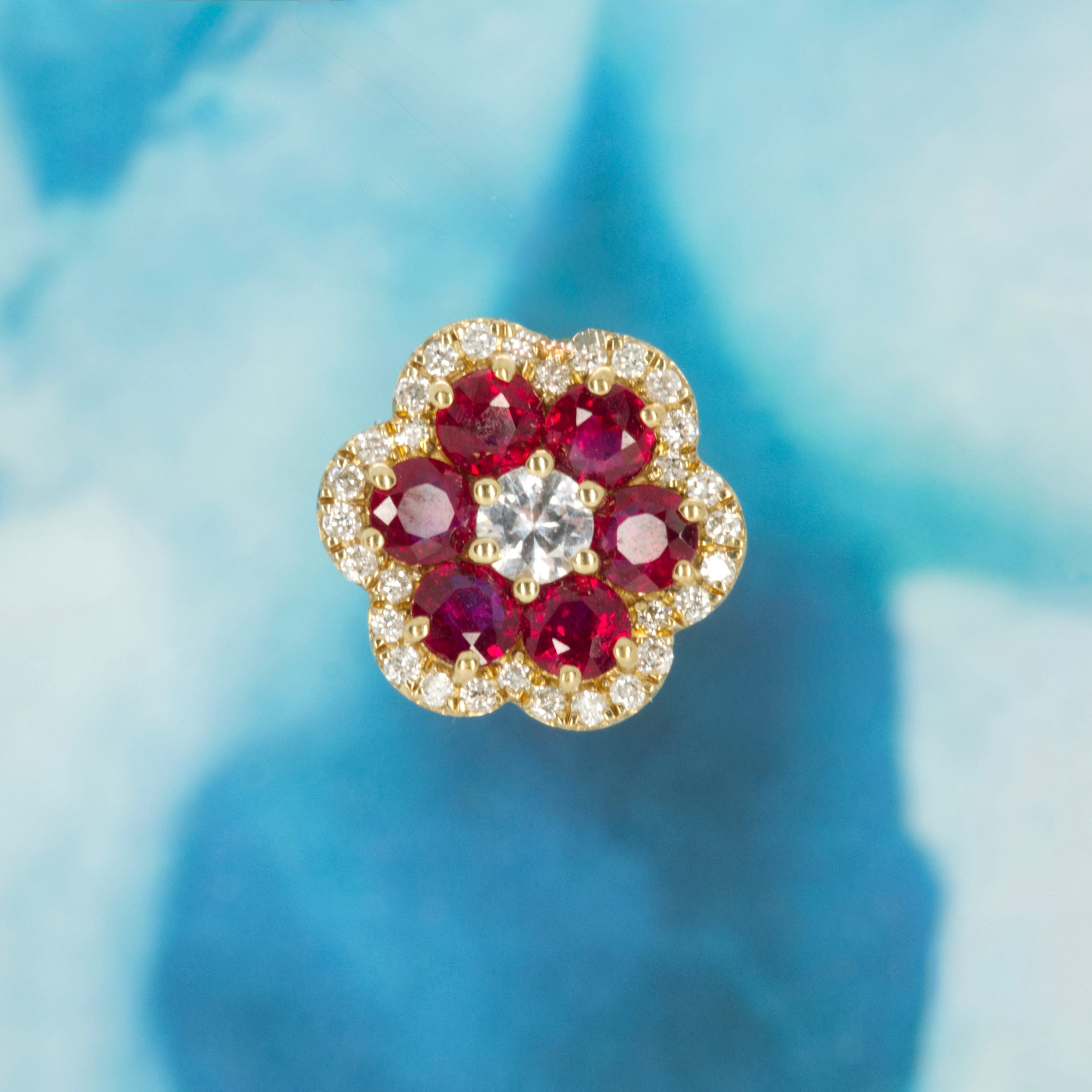 9ct Yellow Gold Ruby & Diamond Flower Cluster Stud Earrings