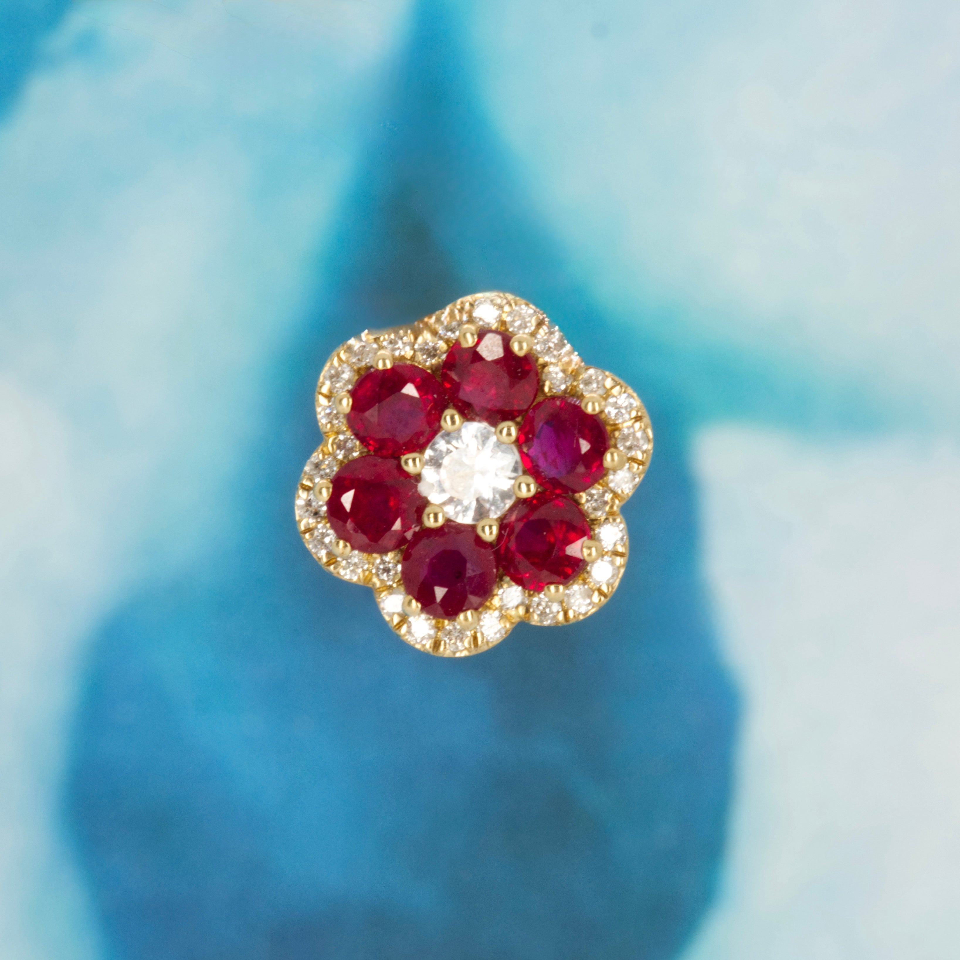 9ct Yellow Gold Ruby & Diamond Flower Cluster Stud Earrings