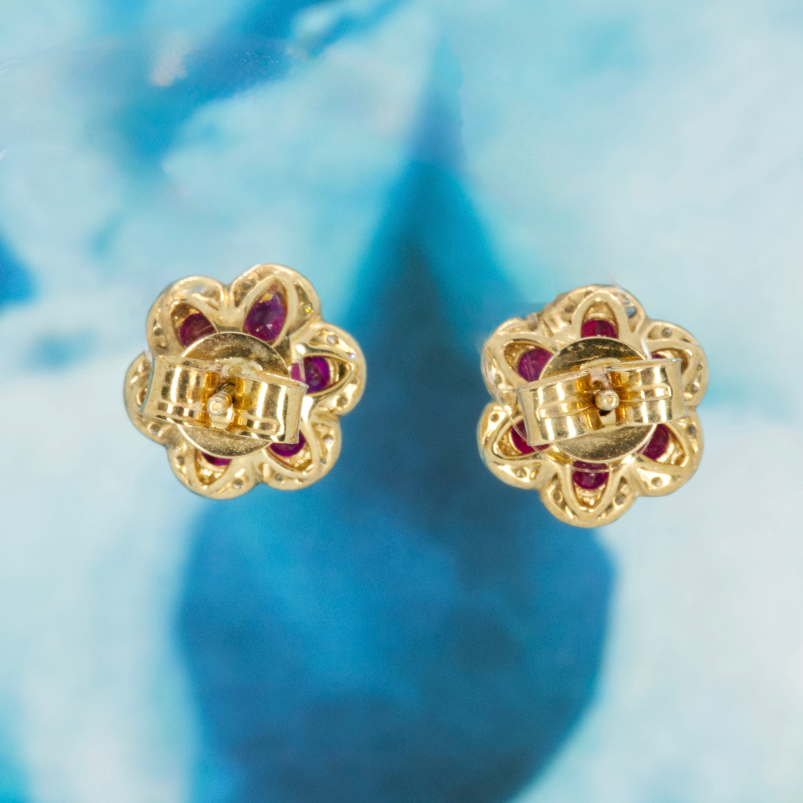 9ct Yellow Gold Ruby & Diamond Flower Cluster Stud Earrings