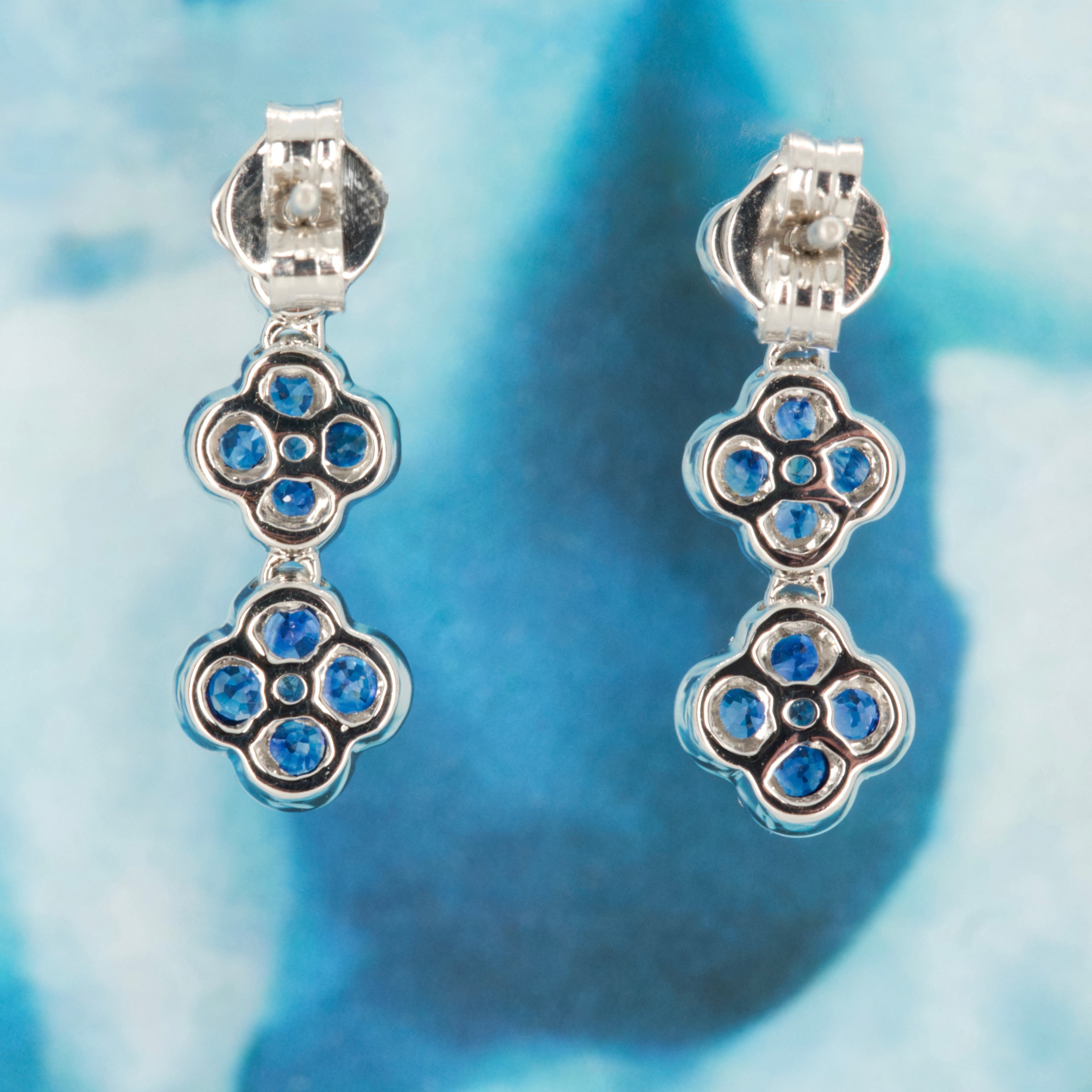 18ct White Gold Sapphire & Diamond Triple Clover Cluster Drop Earrings