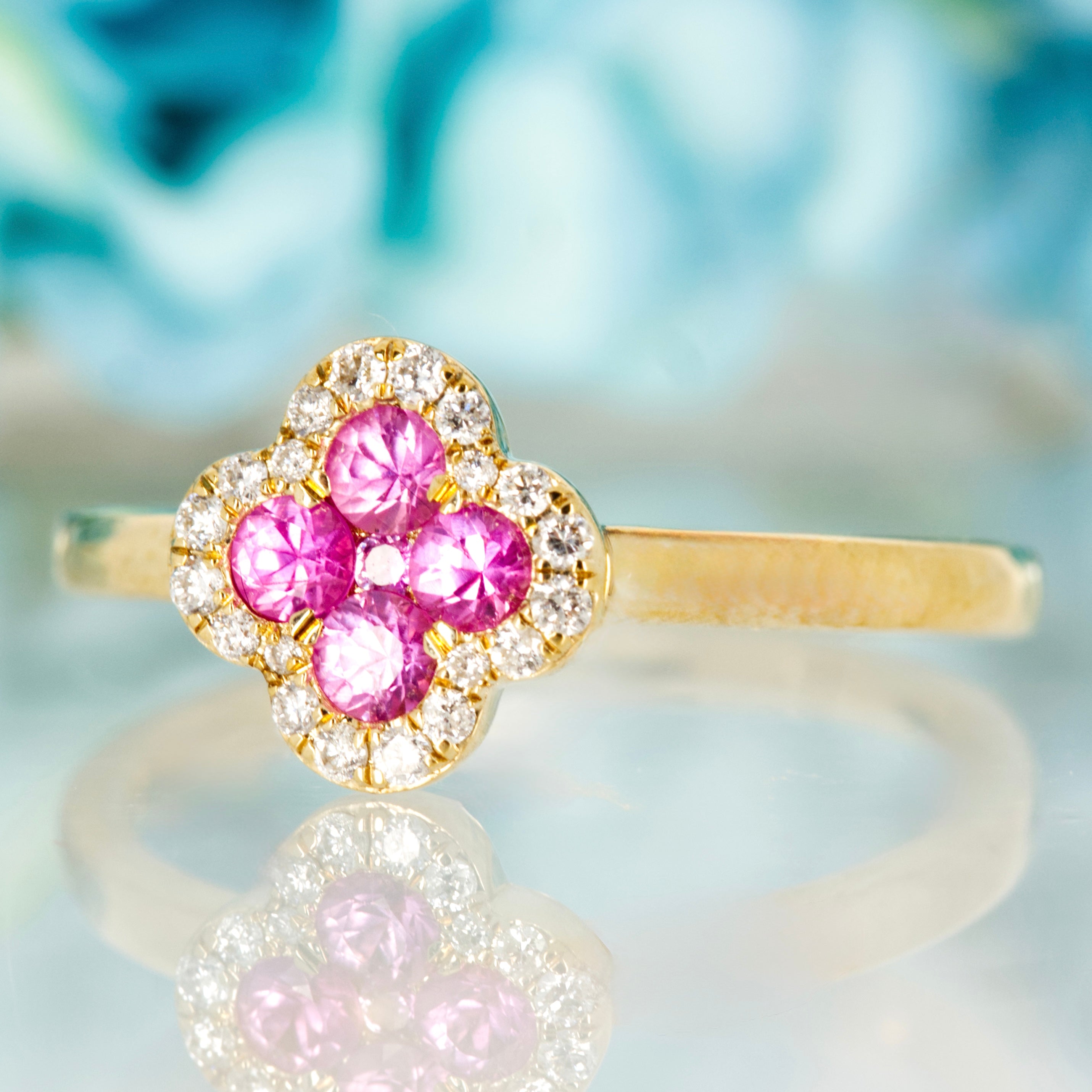 9ct Yellow Gold Round Cut Pink Sapphire & Diamond Clover Cluster Ring