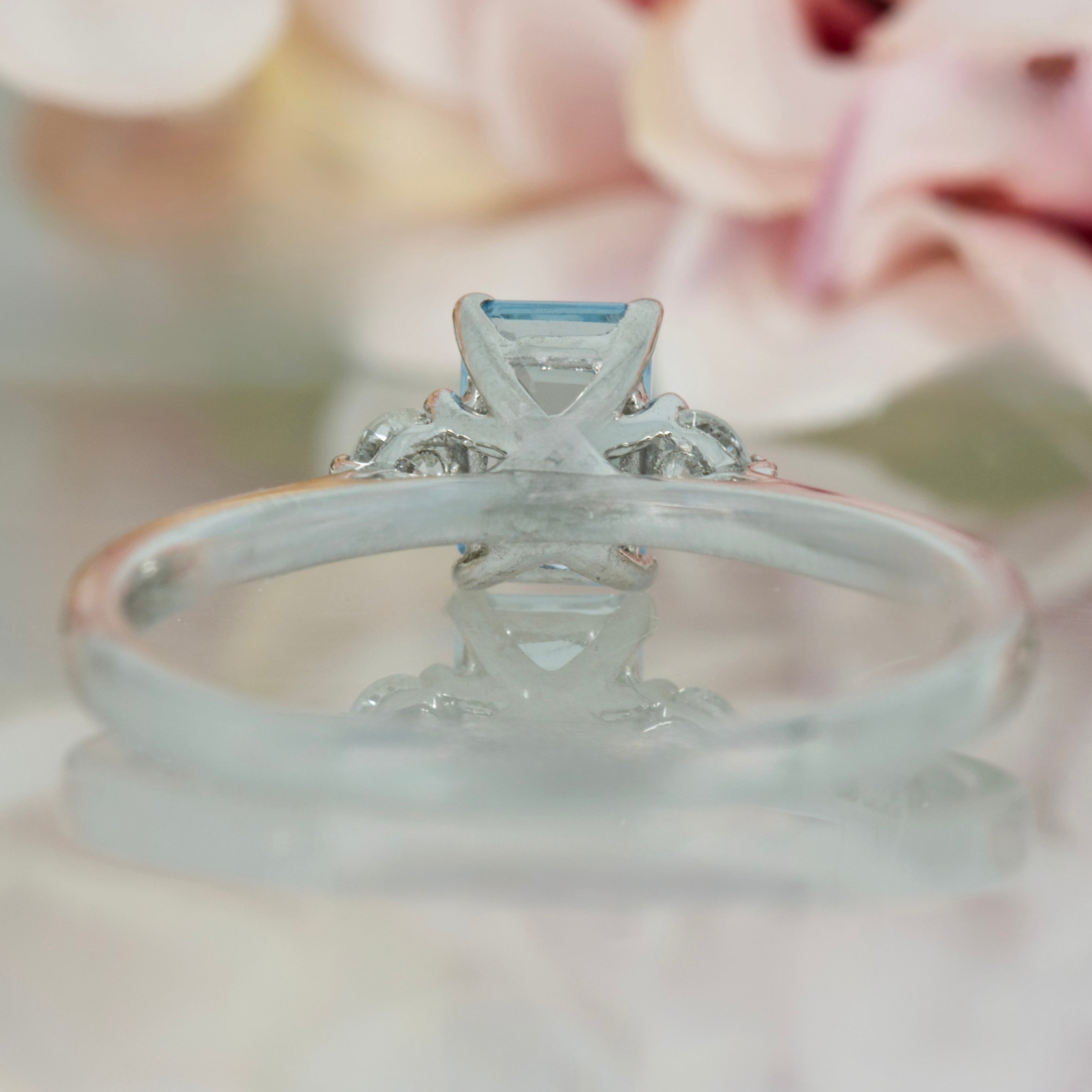 Platinum Octagonal Cut Aquamarine & Round Brilliant Cut Diamond Trilogy Ring