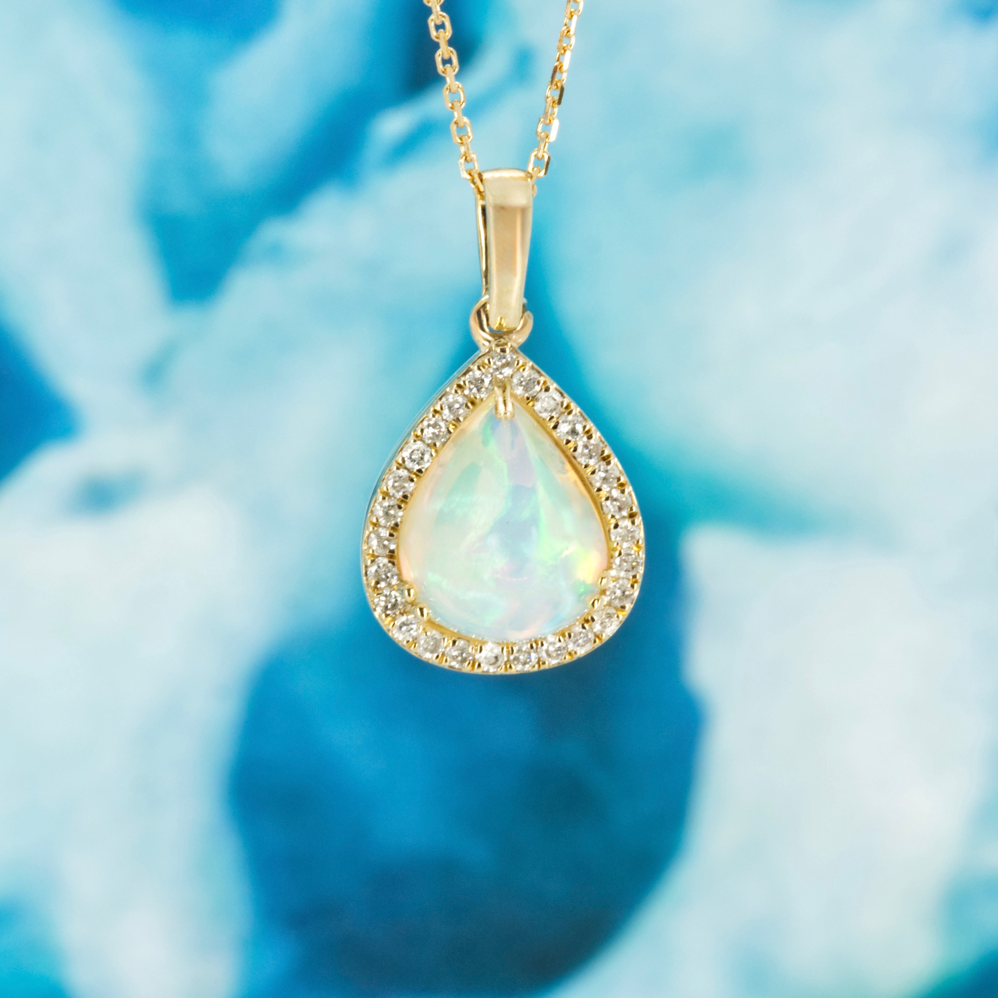 9ct Yellow Gold Pear Shaped Opal & Round Brilliant Cut Diamond Pendant & Chain