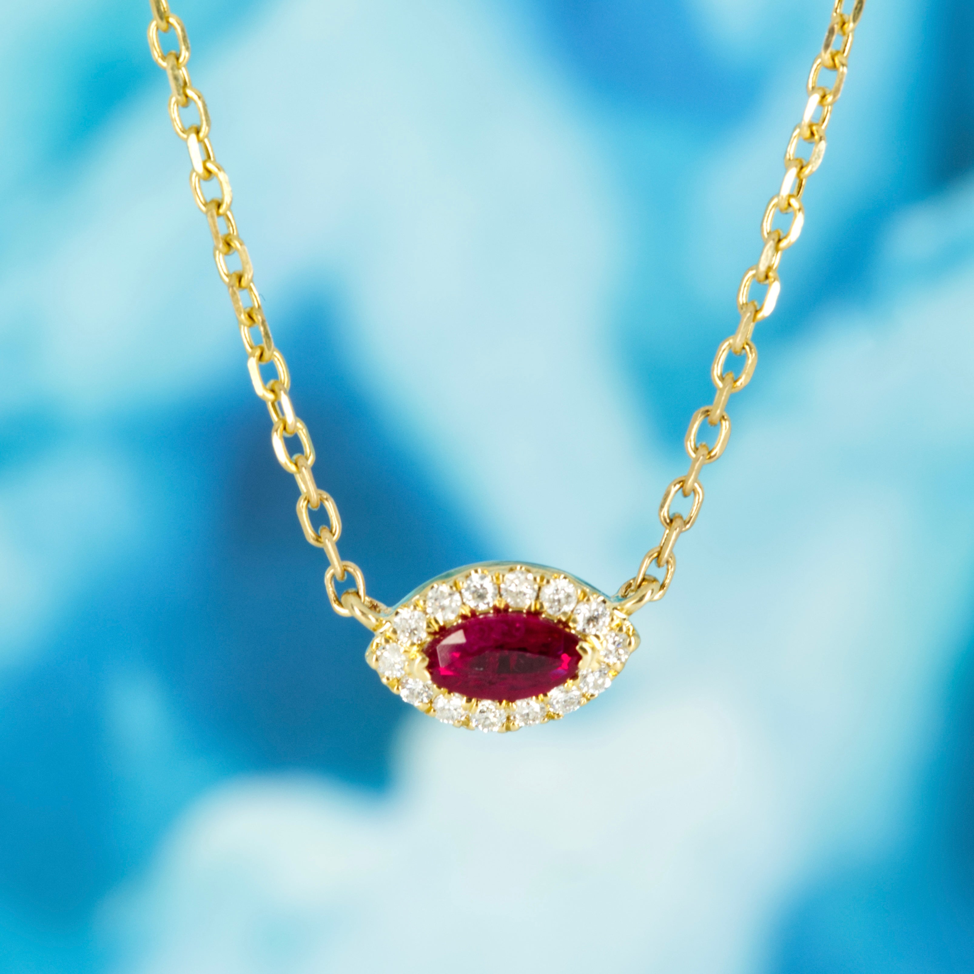 9ct Yellow Gold Marquise Cut Ruby & Round Brilliant Cut Diamond Cluster Pendant & Chain