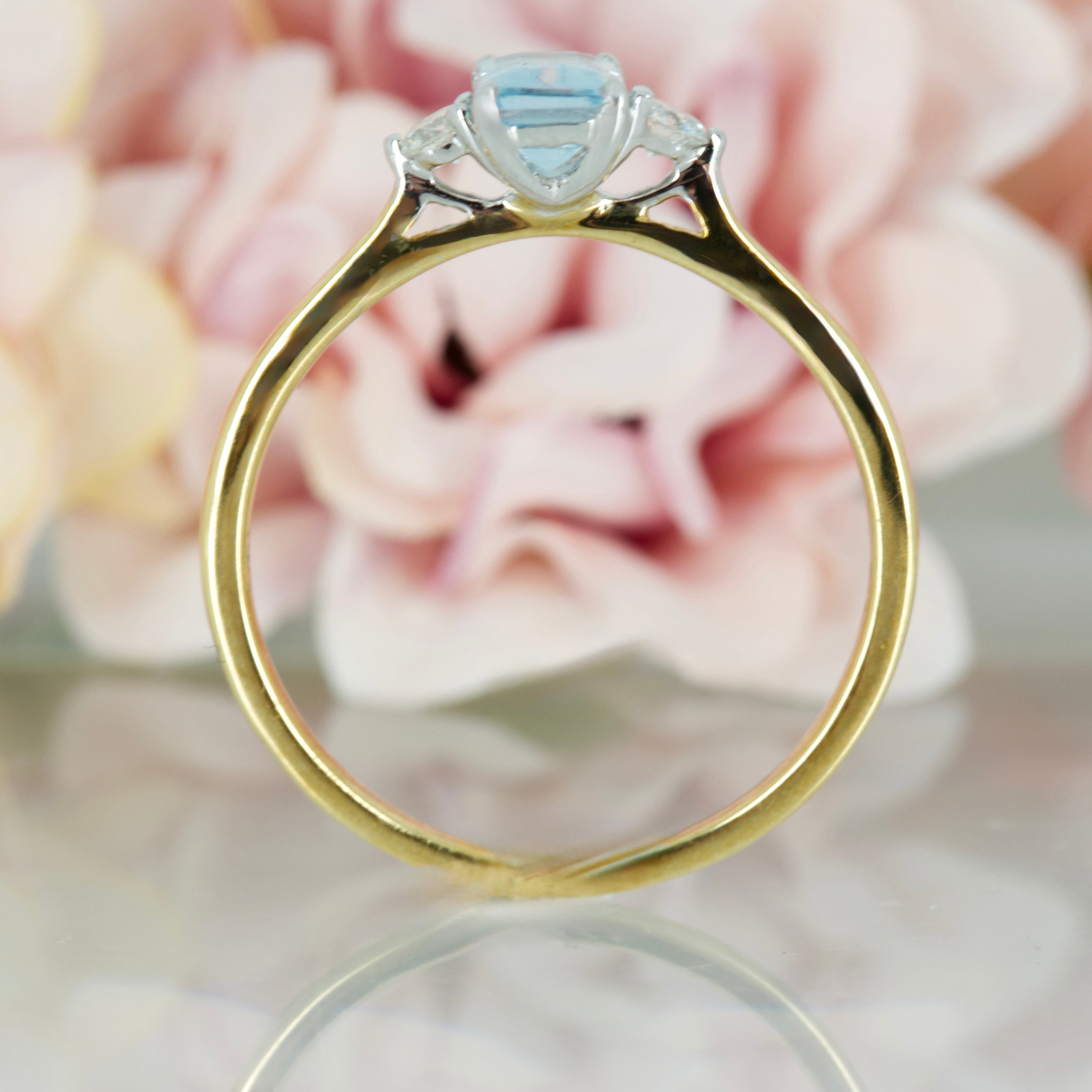 18ct Yellow Gold Octagonal Cut Aquamarine & Round Brilliant Cut Diamond Trilogy Ring