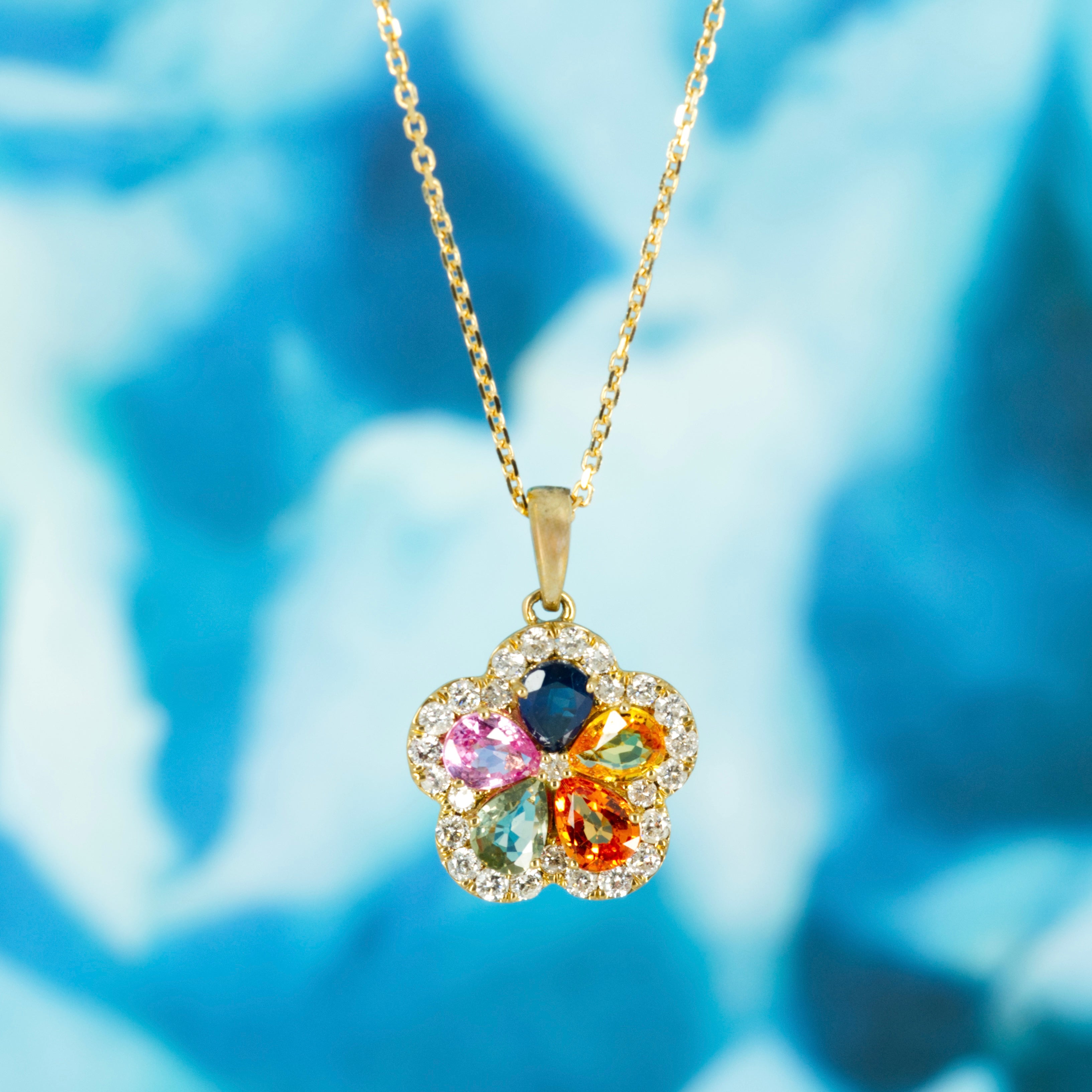 9ct Yellow Gold Multi-Coloured Sapphire & Round Brilliant Cut Diamond Pendant & Chain