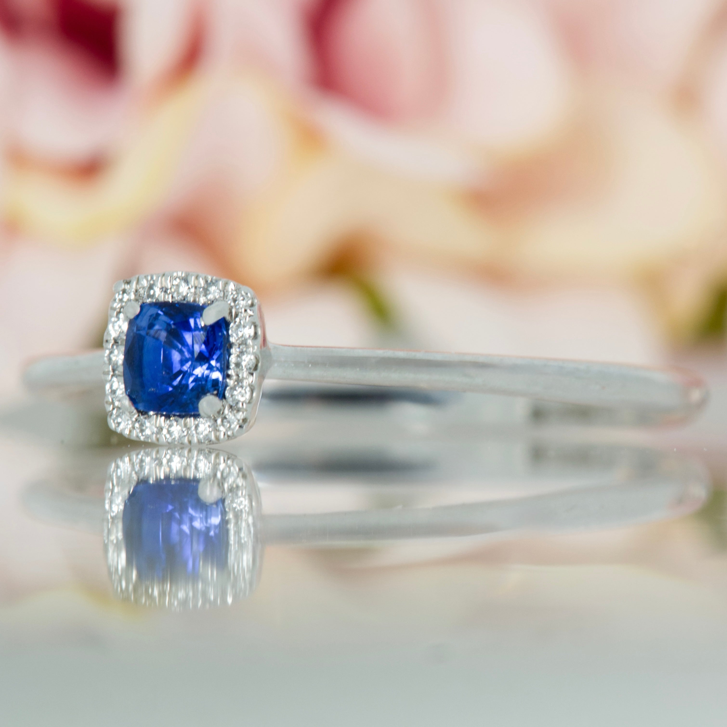Platinum Cushion Cut Sapphire & Round Brilliant Cut Diamond Halo Cluster Ring
