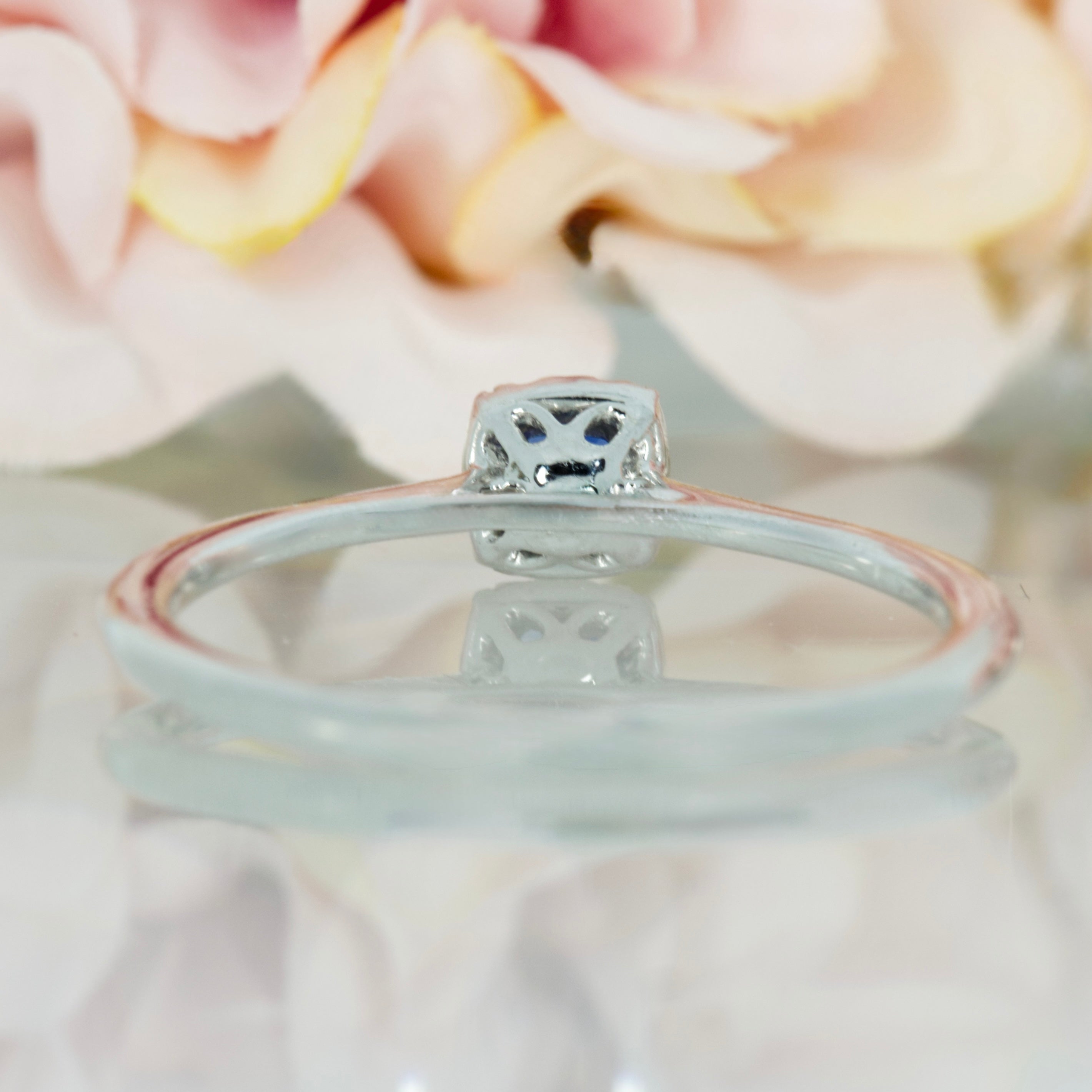 Platinum Cushion Cut Sapphire & Round Brilliant Cut Diamond Halo Cluster Ring