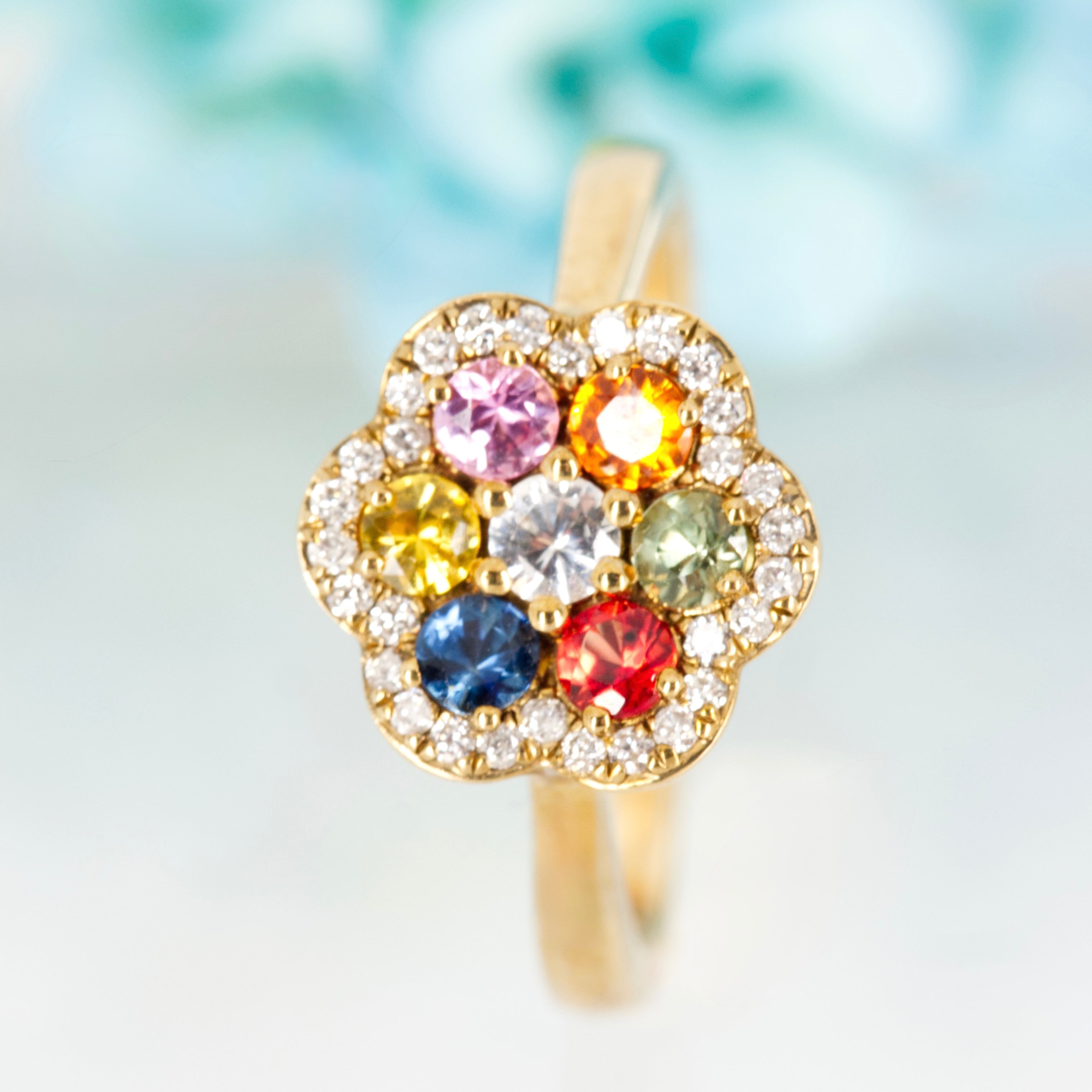9ct Yellow Gold Round Cut Multi-Coloured Sapphire & Diamond Flower Cluster Ring