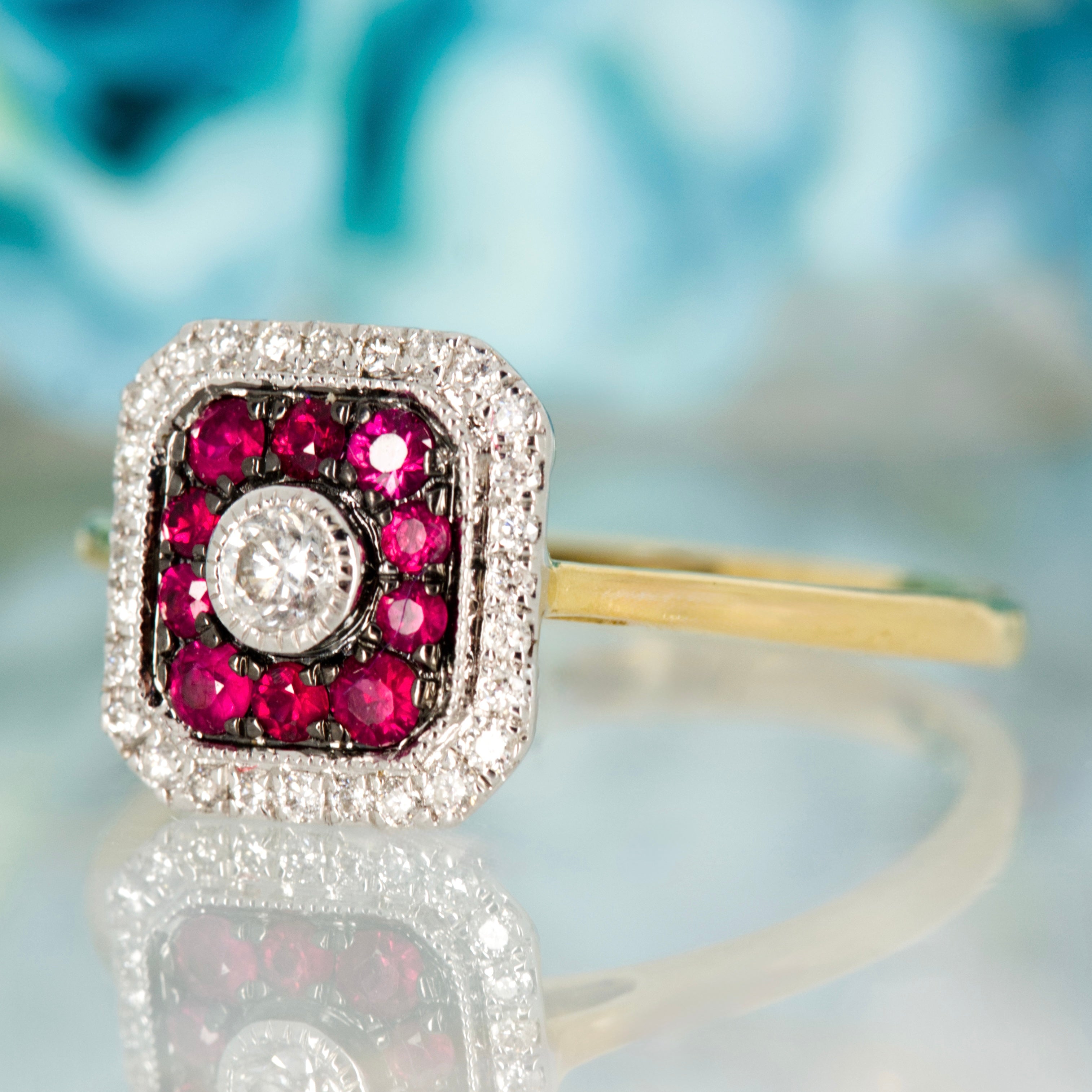 18ct Yellow Gold Round Cut Ruby & Diamond Square Cluster Ring
