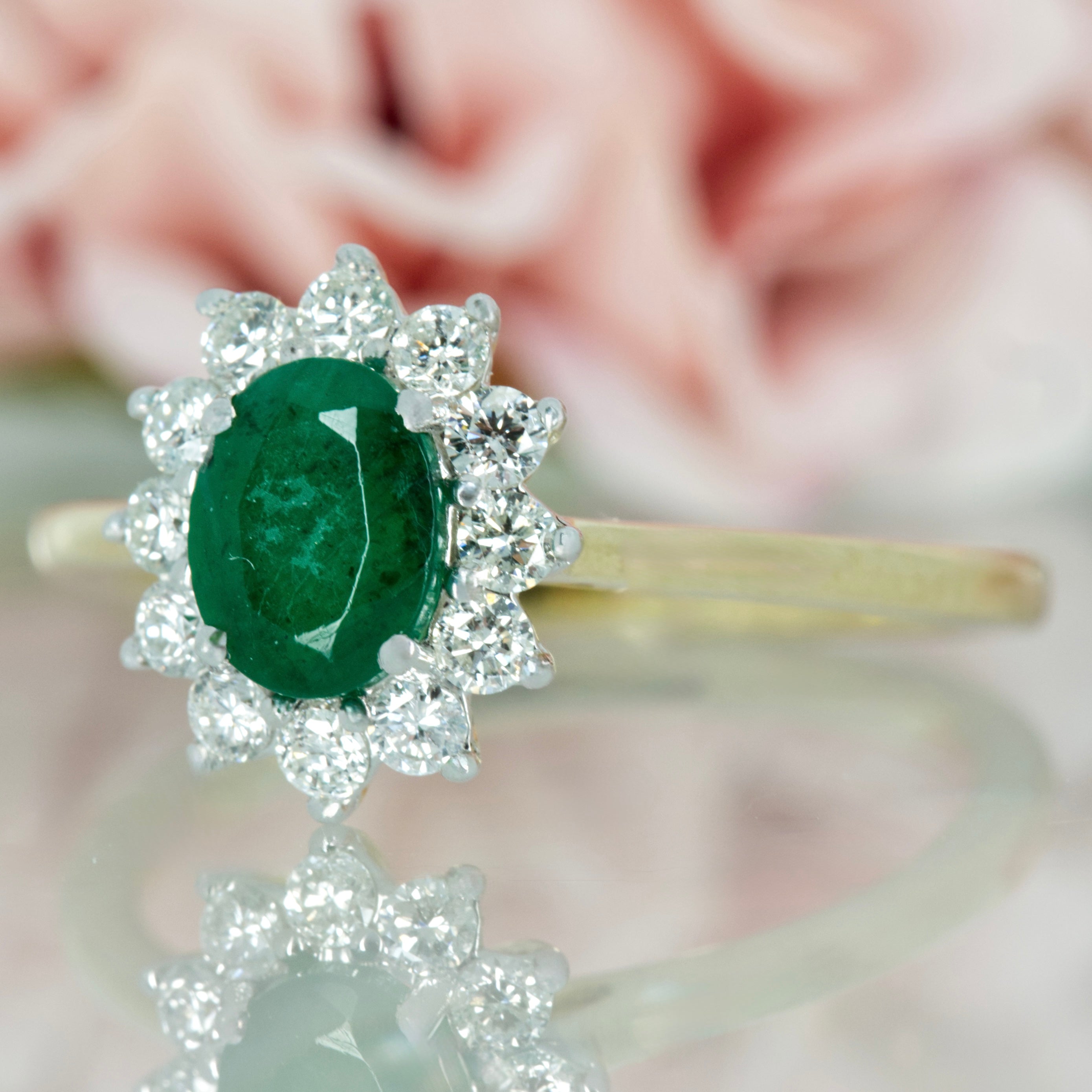 9ct Yellow Gold Oval Cut Emerald & Round Brilliant Cut Diamond Cluster Ring