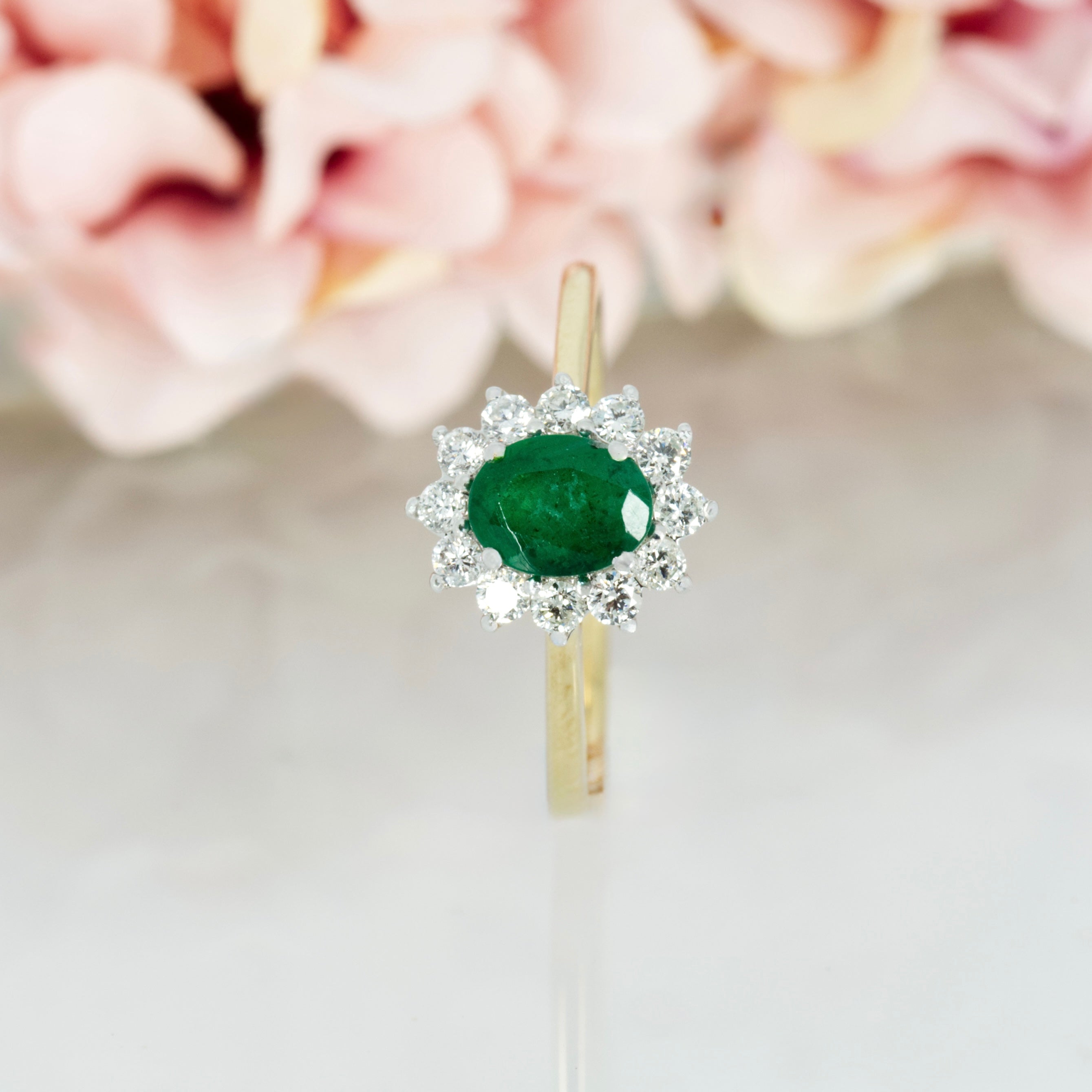 9ct Yellow Gold Oval Cut Emerald & Round Brilliant Cut Diamond Cluster Ring