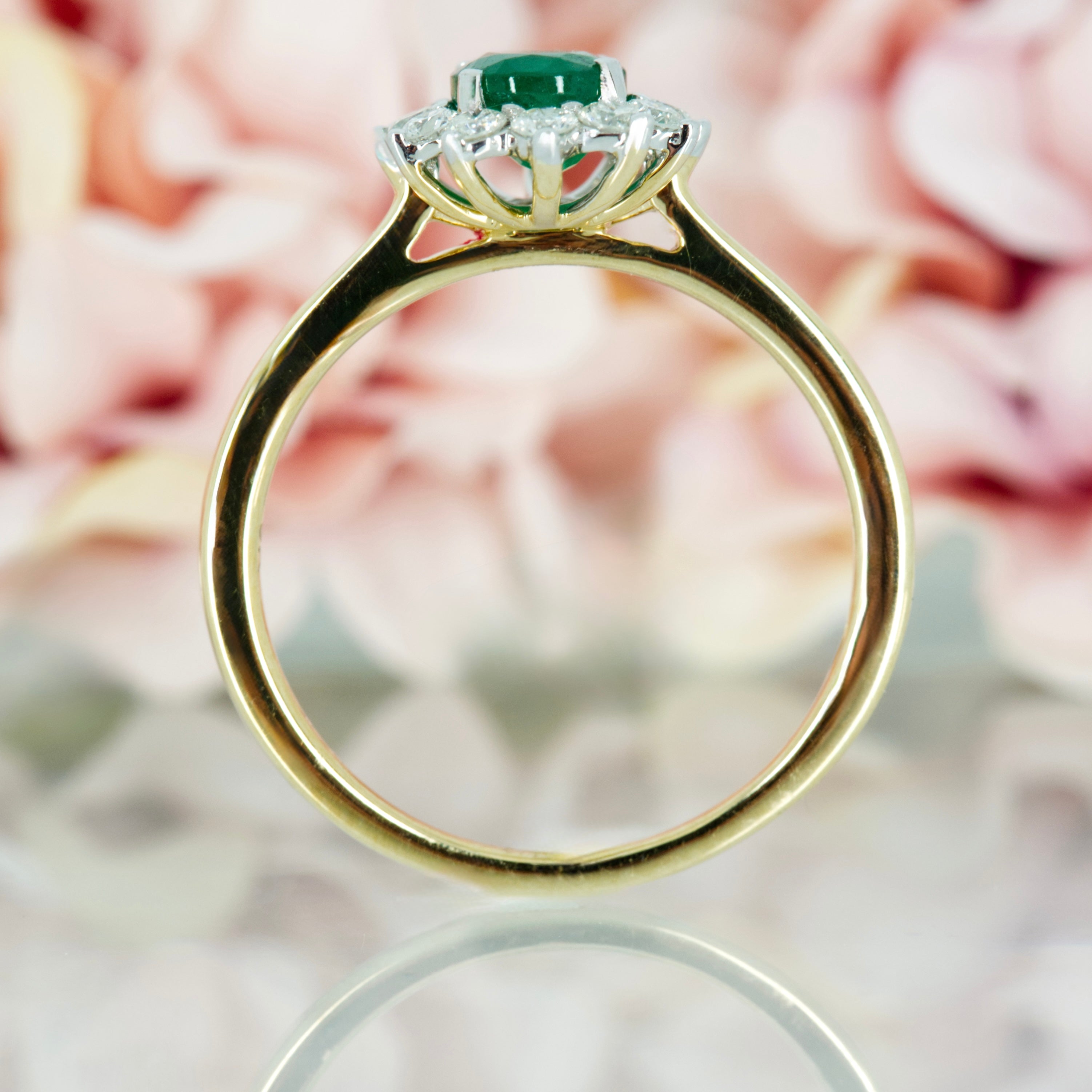 9ct Yellow Gold Oval Cut Emerald & Round Brilliant Cut Diamond Cluster Ring