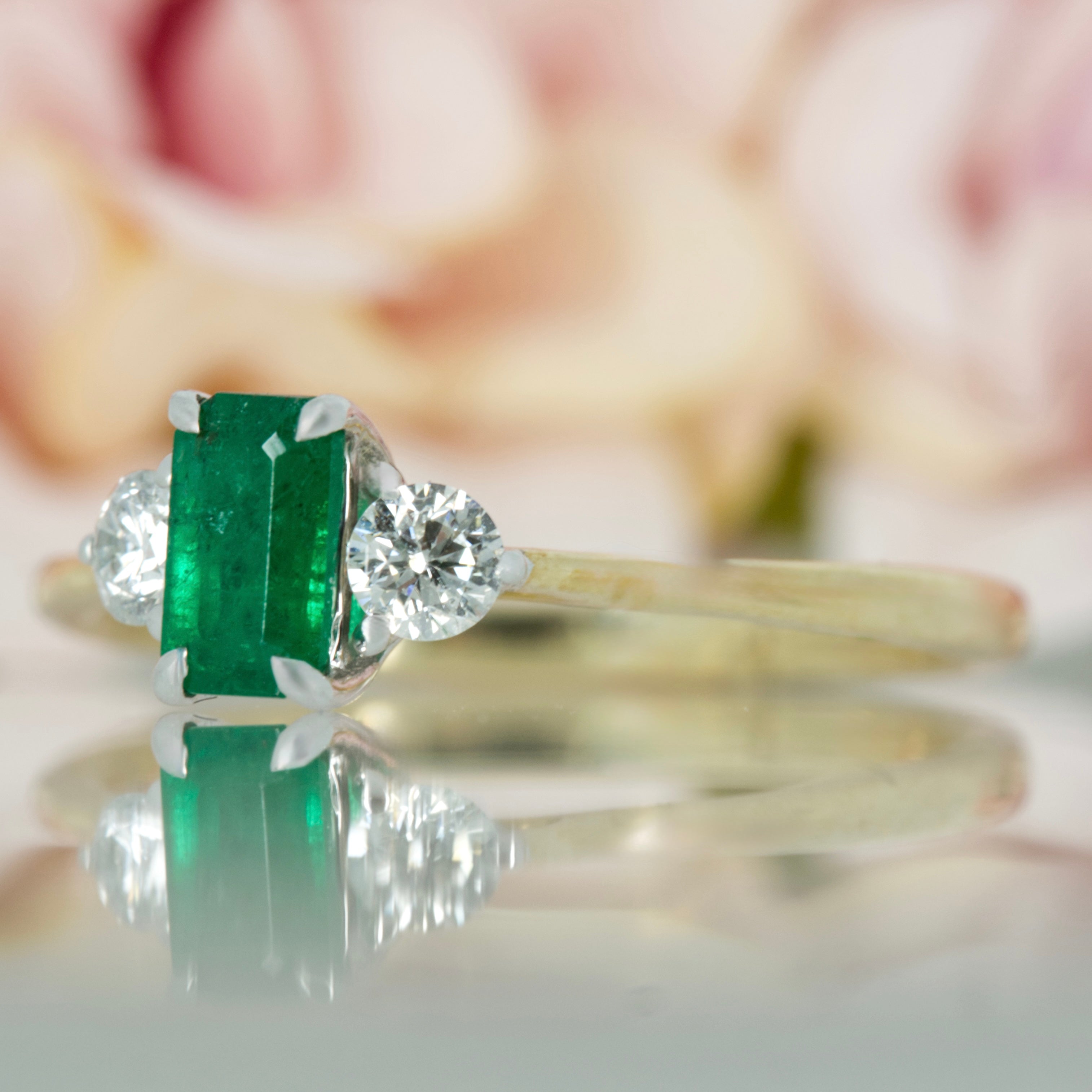 9ct Yellow Gold Octagonal Cut Emerald & Round Brilliant Cut Diamond Trilogy Ring