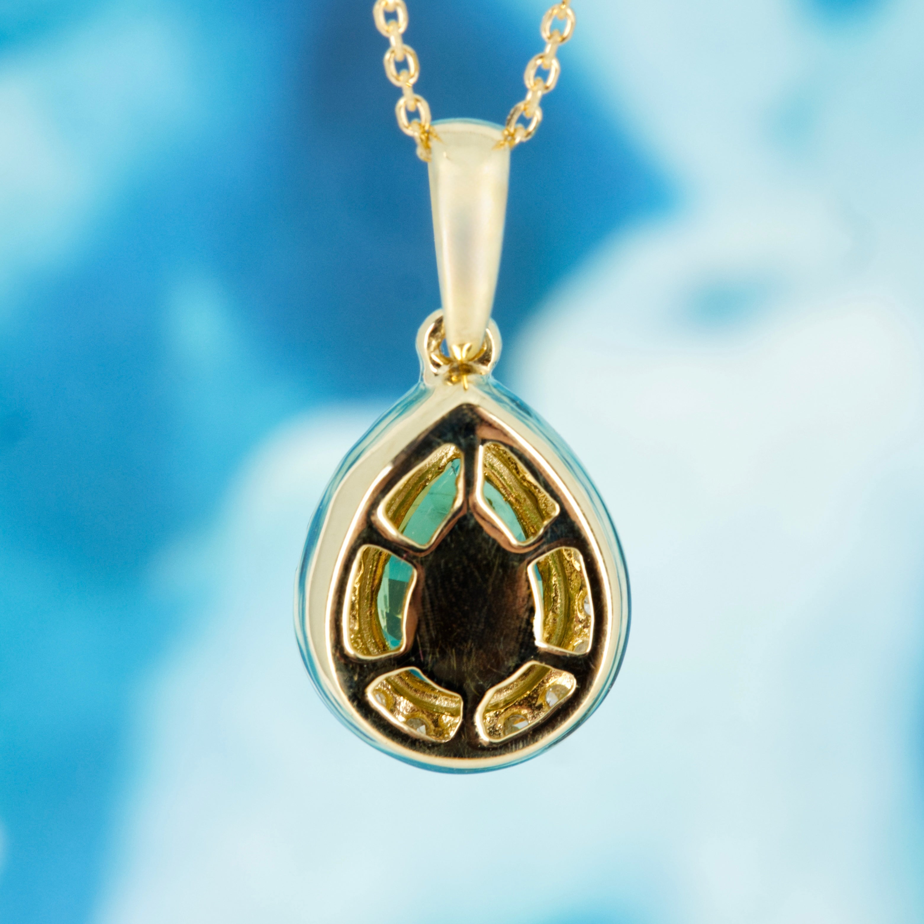 9ct Yellow Gold Pear Cut Green Sapphire & Round Brilliant Cut Diamond Halo Cluster Pendant & Chain