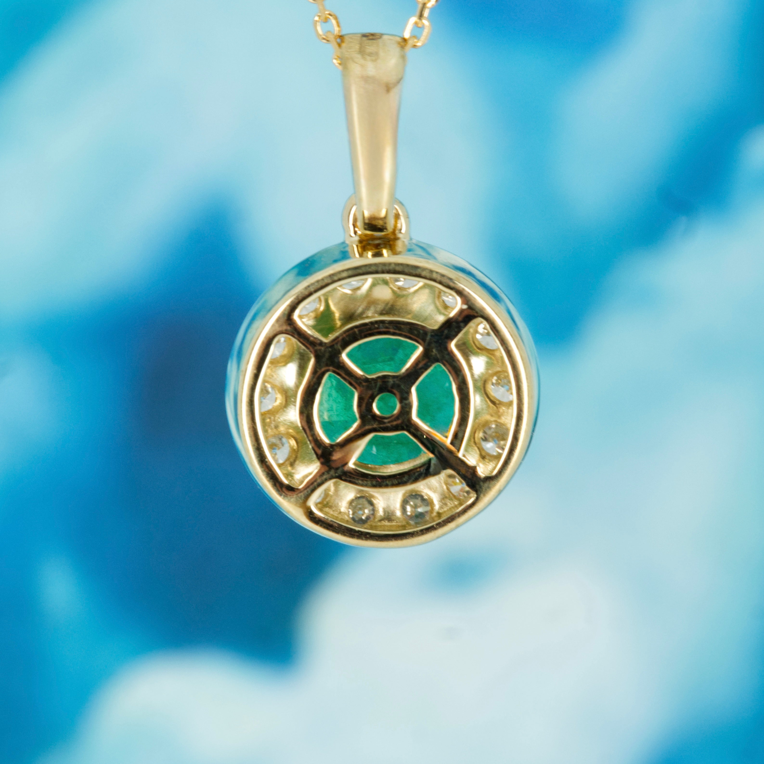 9ct Yellow Gold Round Cut Emerald & Round Brilliant Cut Diamond Halo Cluster Pendant & Chain
