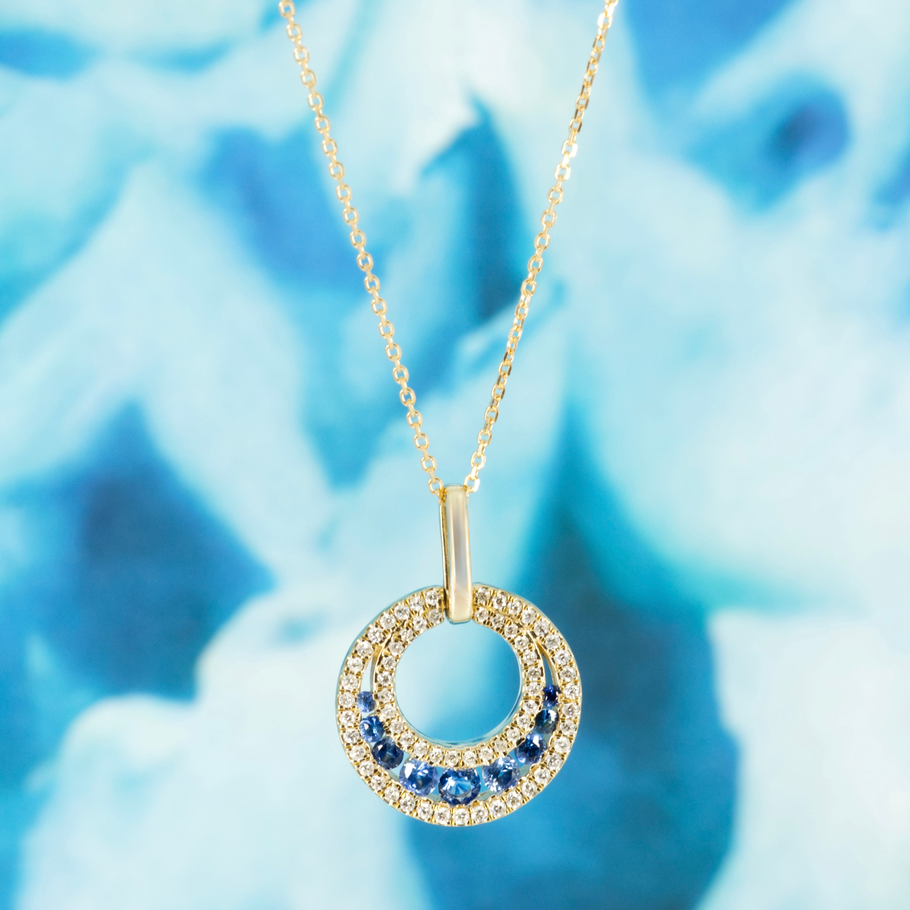9ct Yellow Gold Round Cut Sapphire & Round Brilliant Cut Diamond Circle Pendant & Chain
