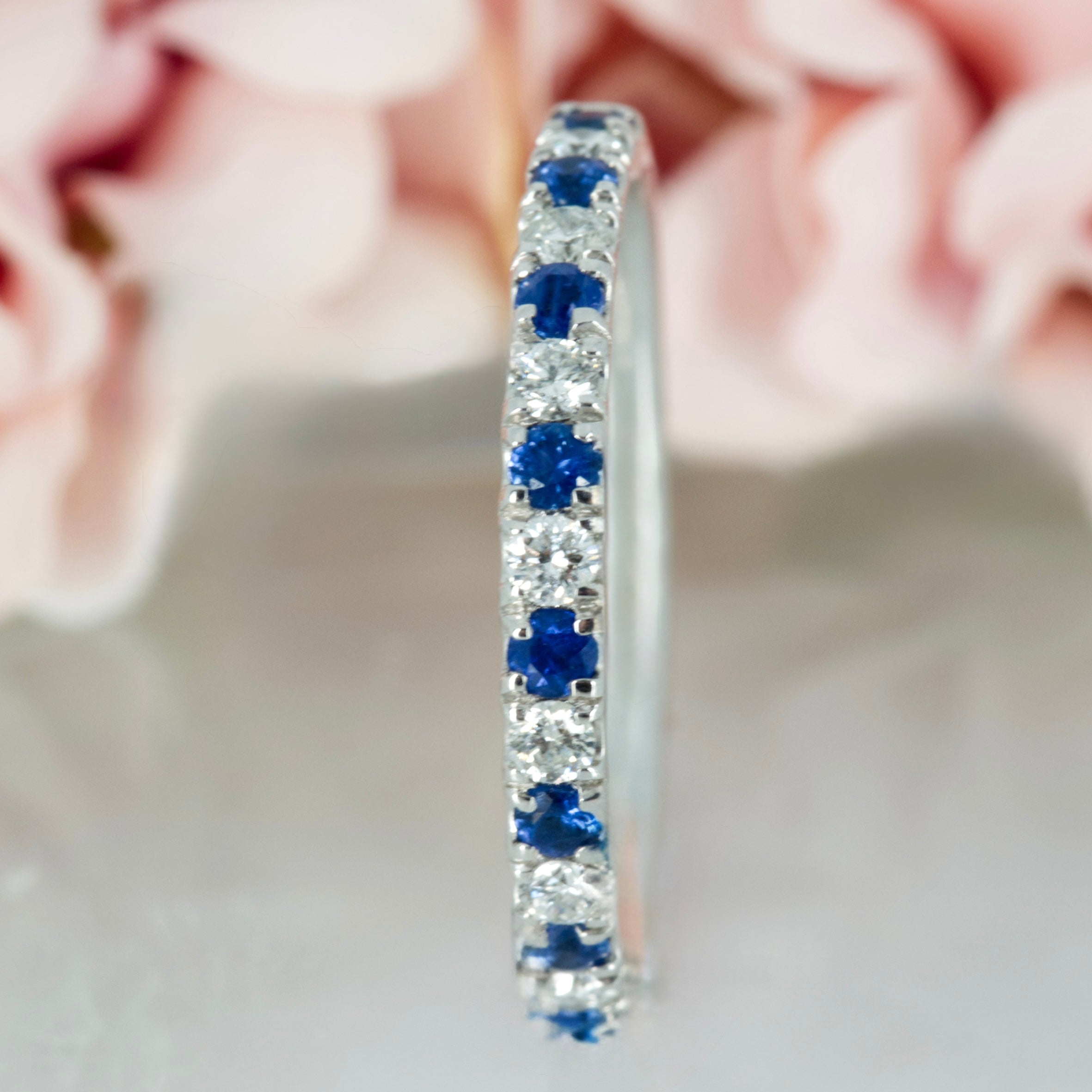 Platinum Round Cut Sapphire & Round Brilliant Cut Diamond Claw Set Half Eternity Ring