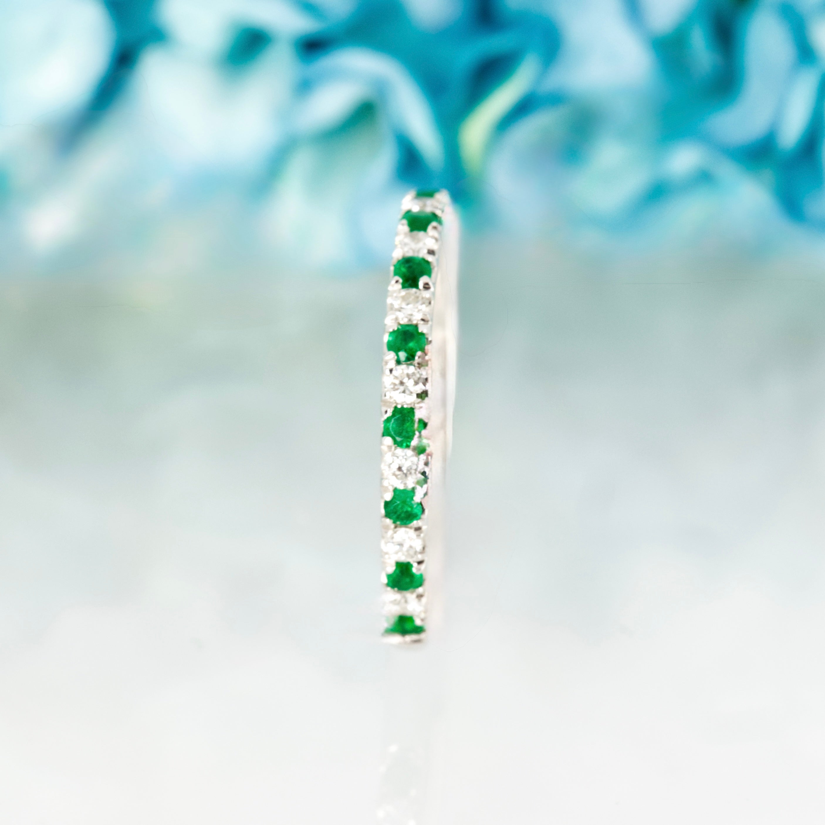 Platinum Round Cut Emerald & Diamond Claw Set Half Eternity Ring