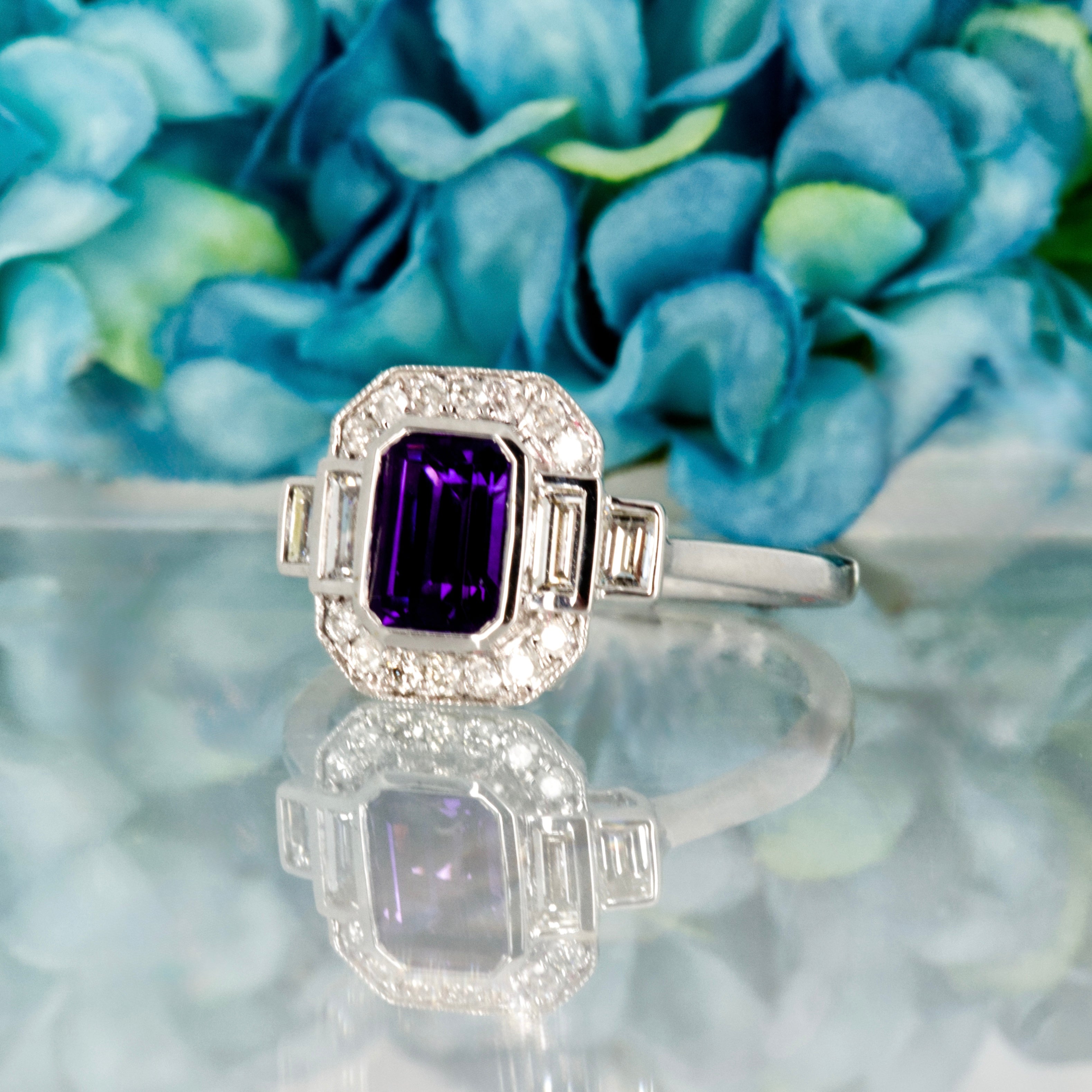 9ct White Gold Octagonal Cut Amethyst & Diamond Cluster Ring