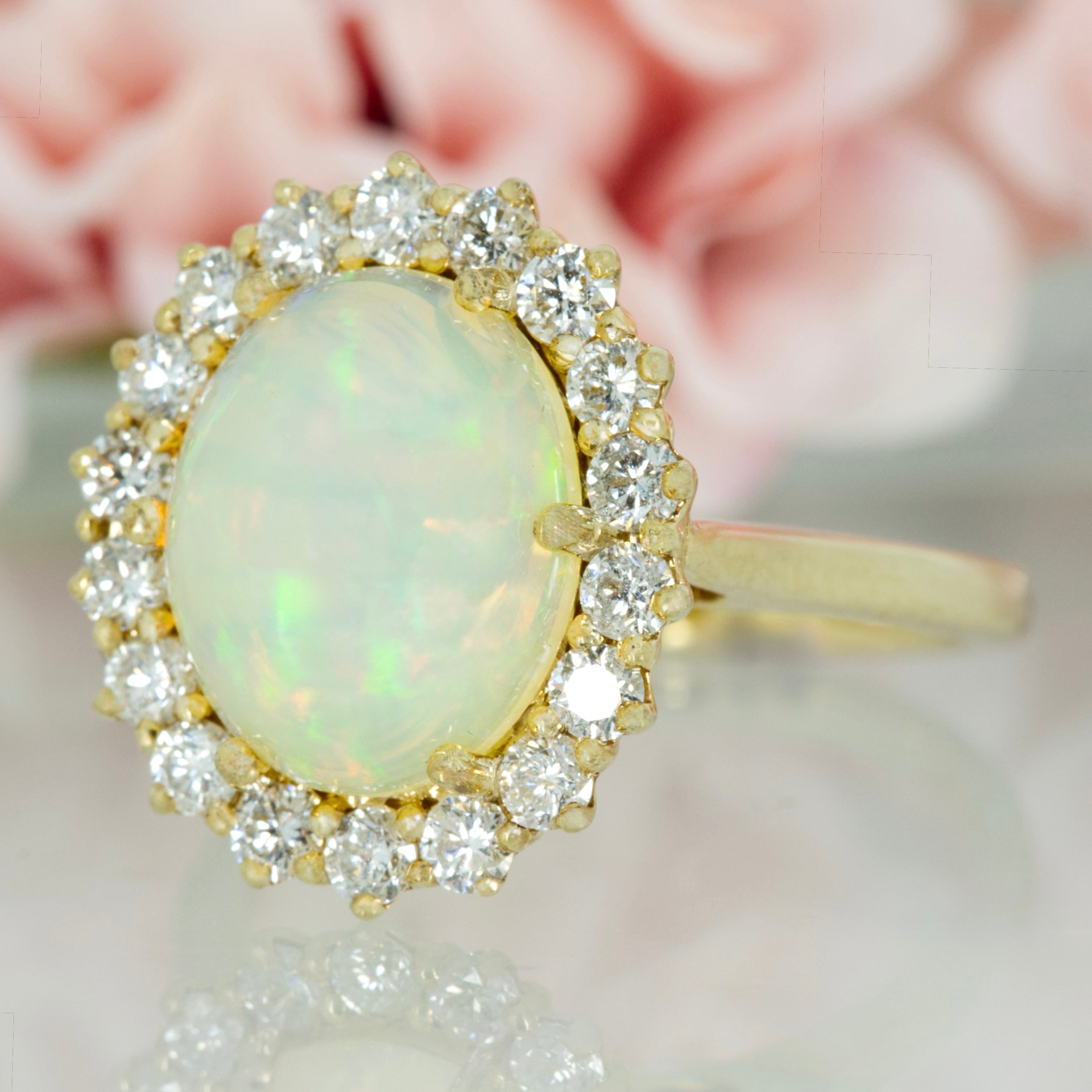 9ct Yellow Gold Oval Cabochon Opal & Round Brilliant Cut Diamond Cluster Ring