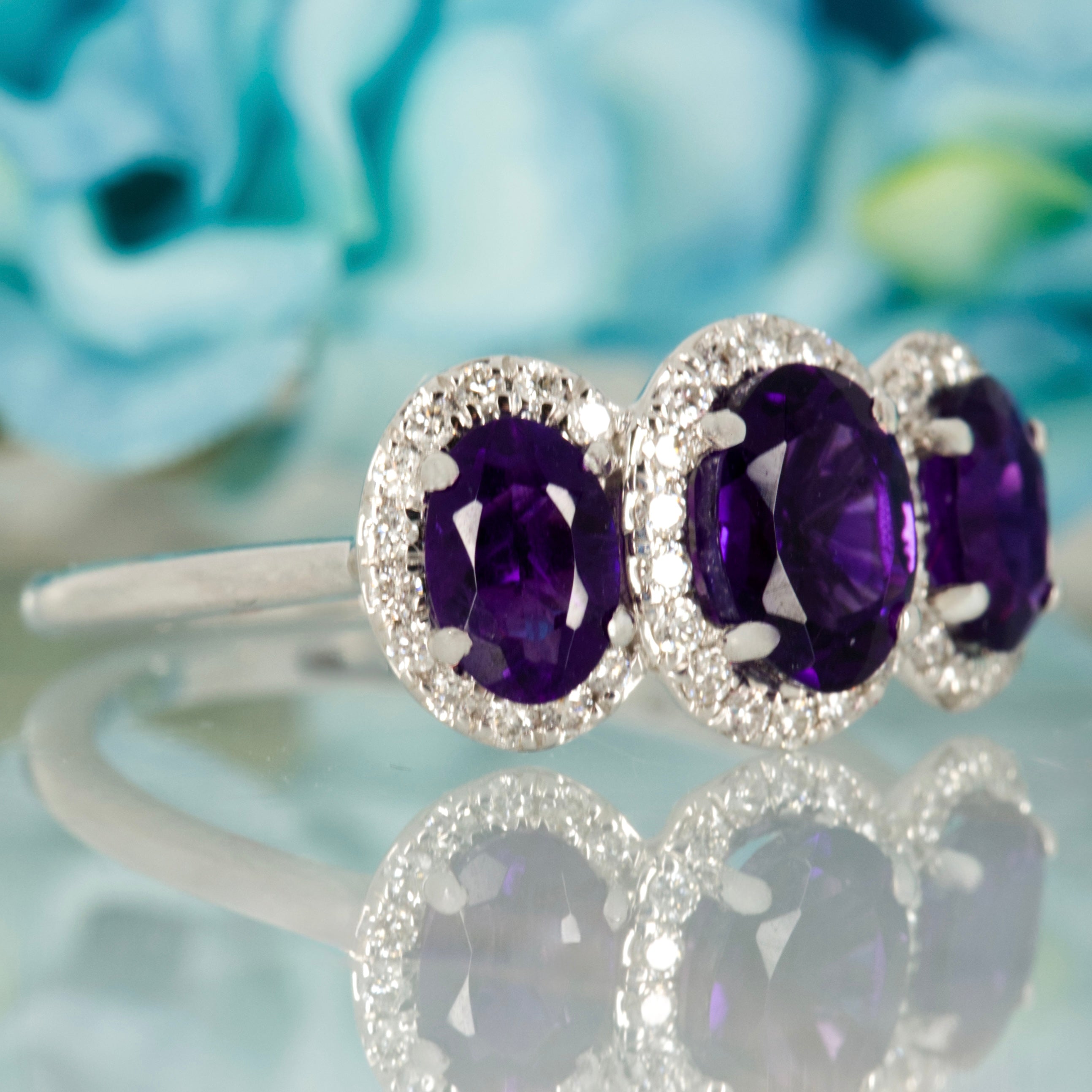 9ct White Gold Oval Cut Amethyst & Round Brilliant Cut Diamond Triple Halo Cluster Ring
