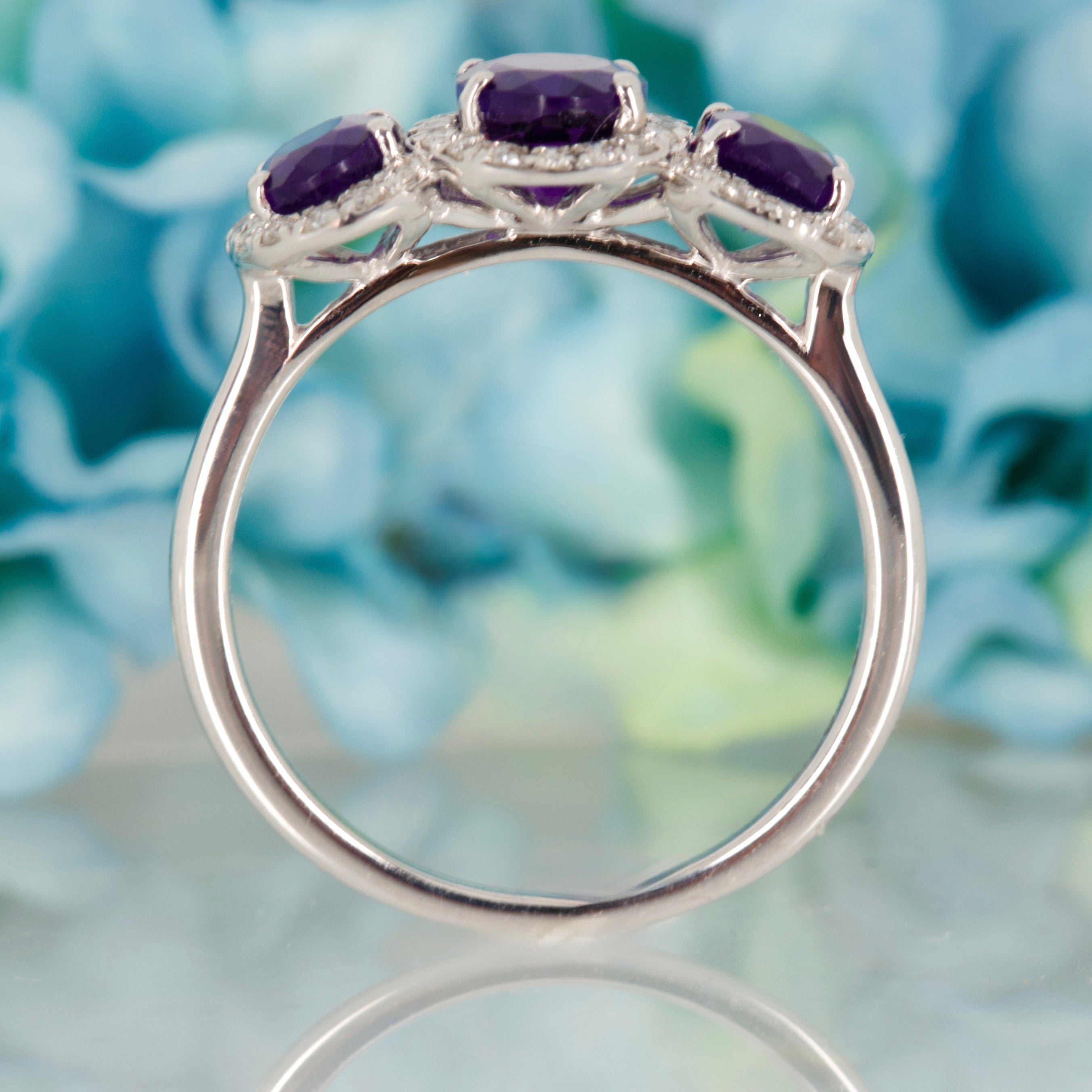 9ct White Gold Oval Cut Amethyst & Round Brilliant Cut Diamond Triple Halo Cluster Ring