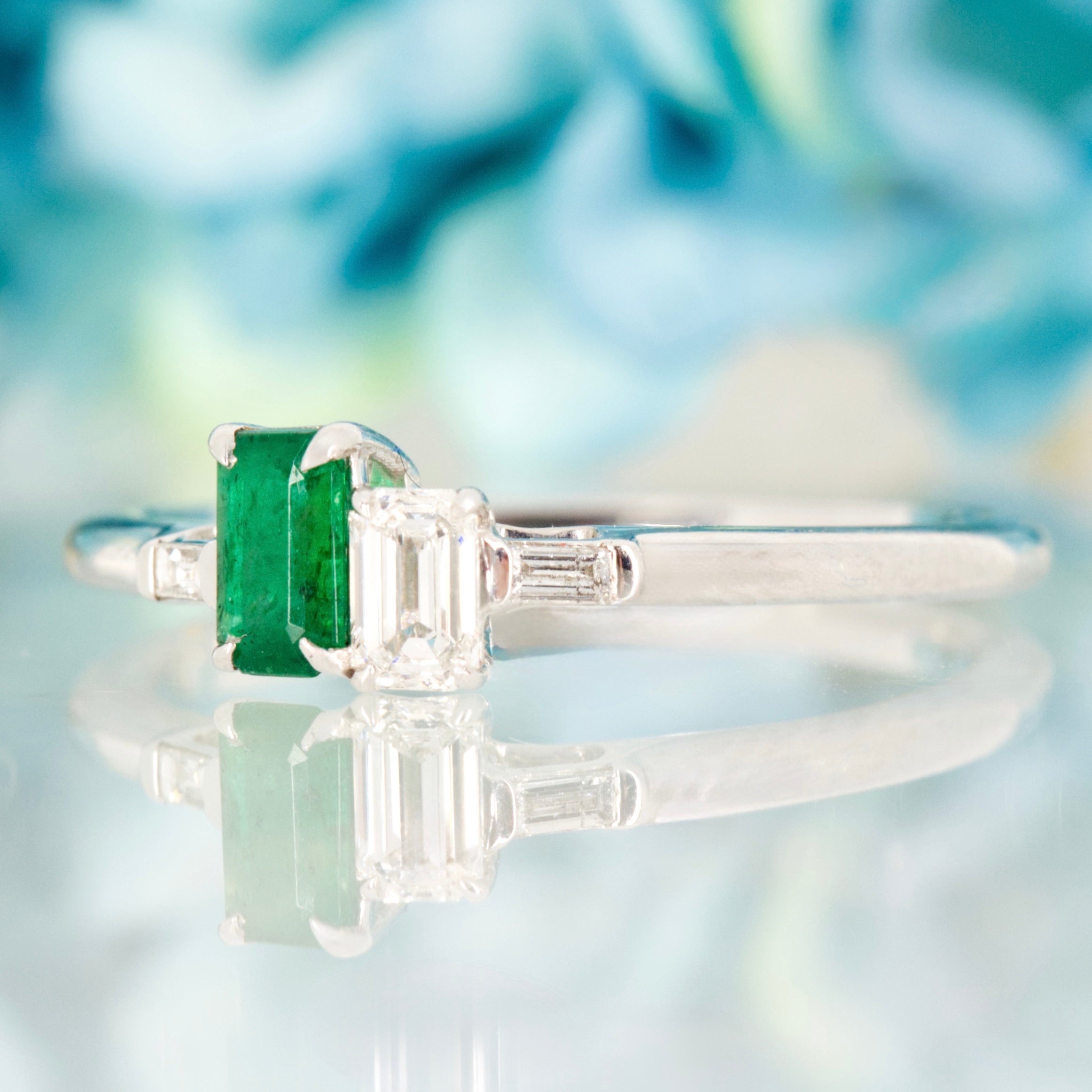 Platinum Octagonal Cut Emerald & Diamond Toi Et Moi Ring