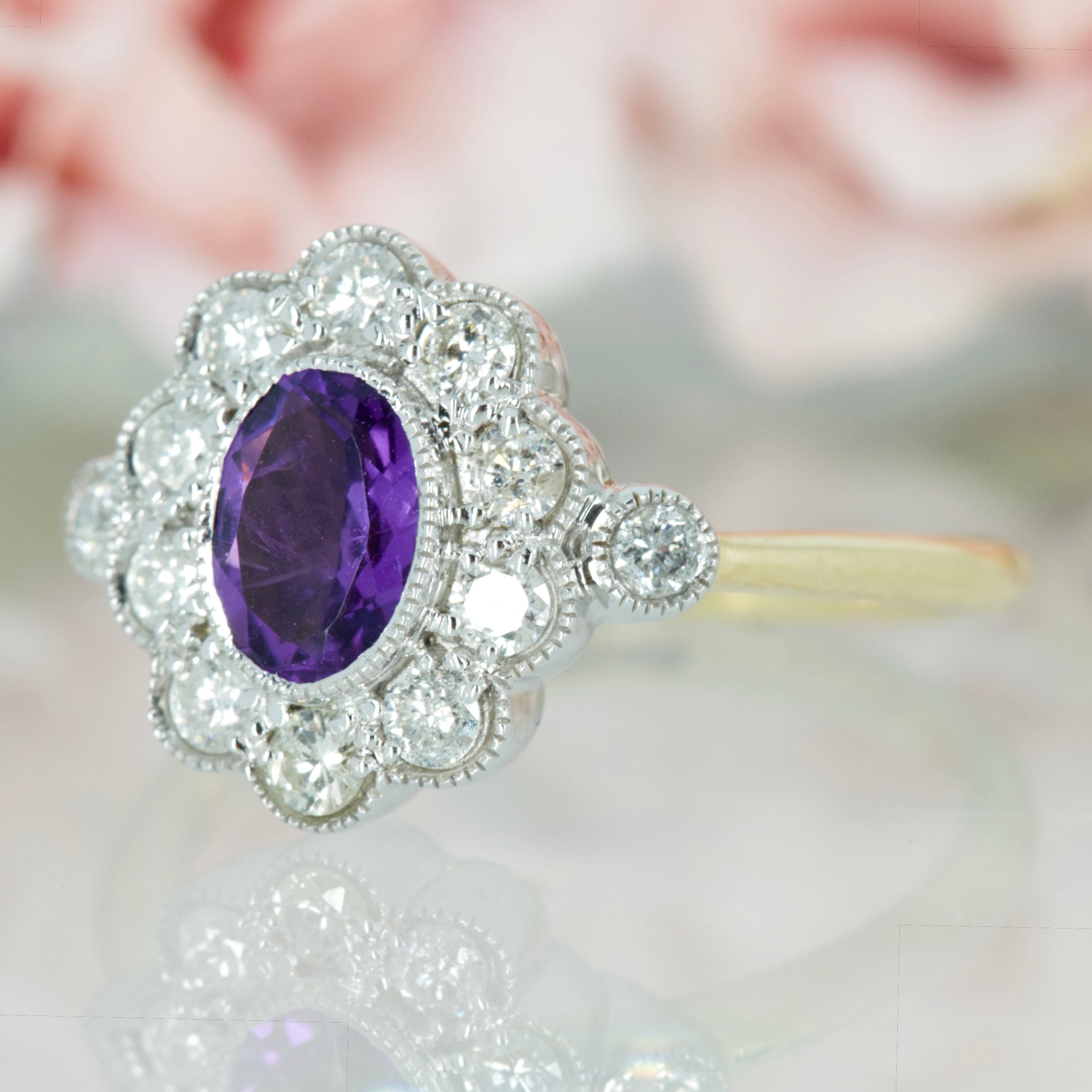 9ct Yellow Gold Oval Cut Amethyst & Round Brilliant Cut Diamond Cluster Ring