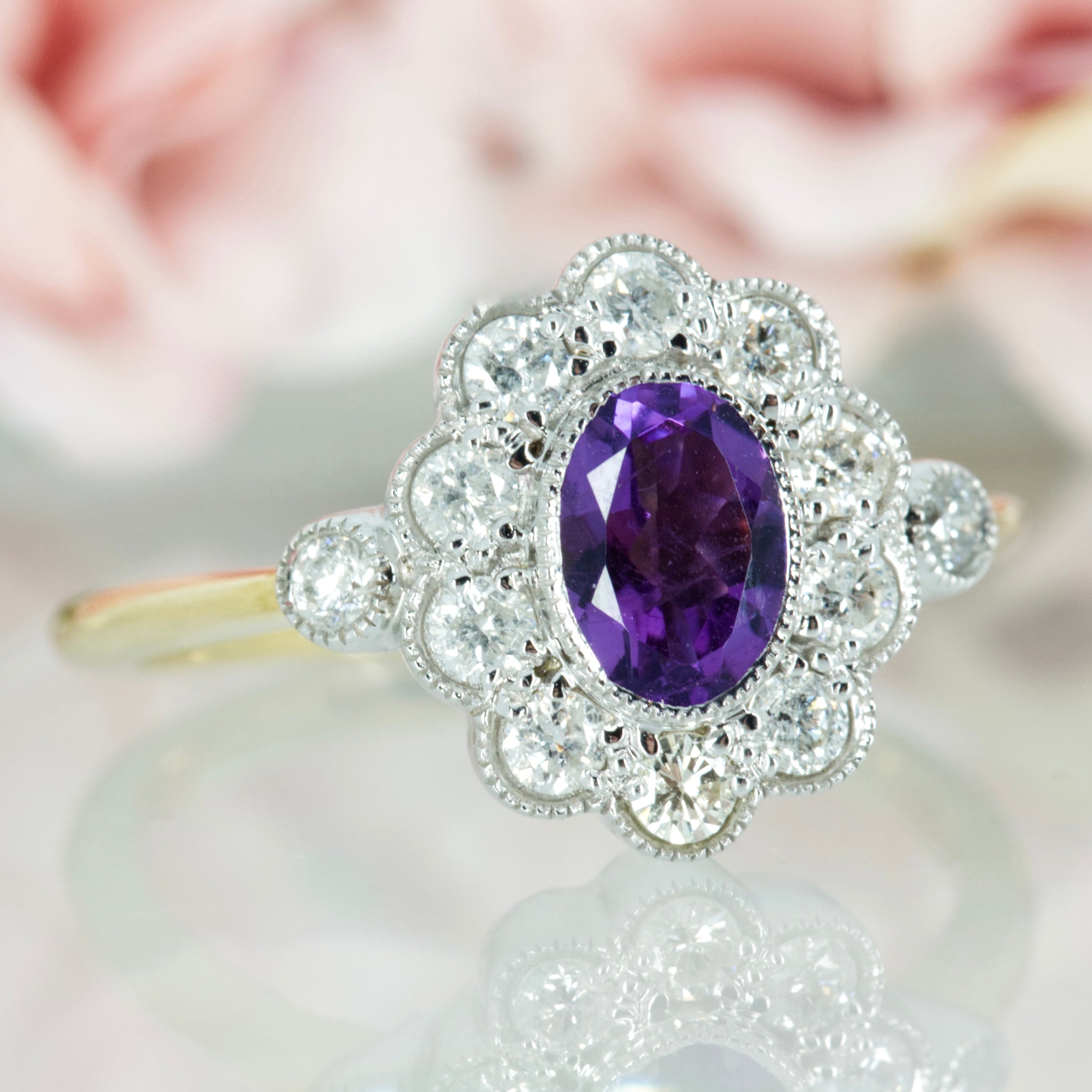 9ct Yellow Gold Oval Cut Amethyst & Round Brilliant Cut Diamond Cluster Ring
