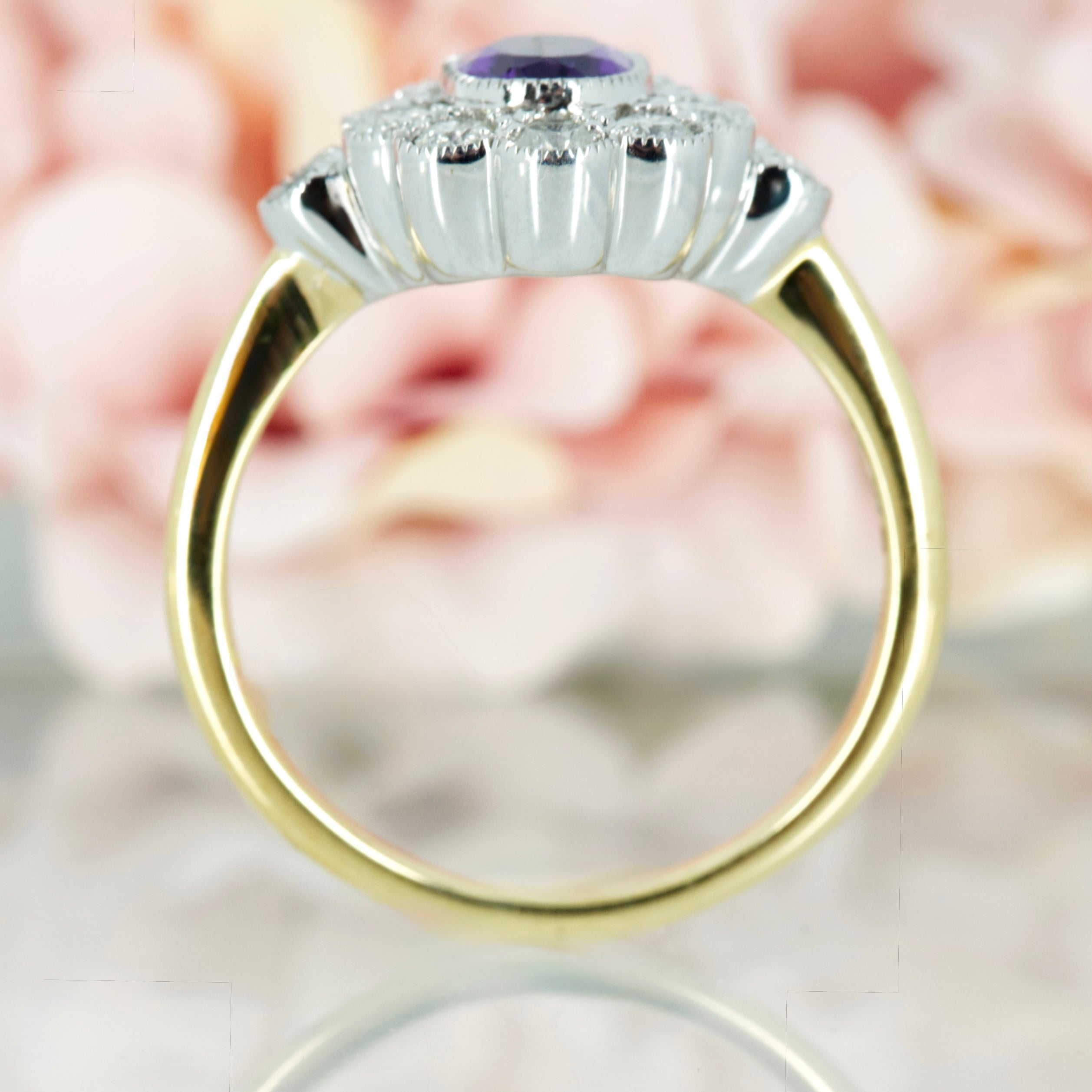 9ct Yellow Gold Oval Cut Amethyst & Round Brilliant Cut Diamond Cluster Ring