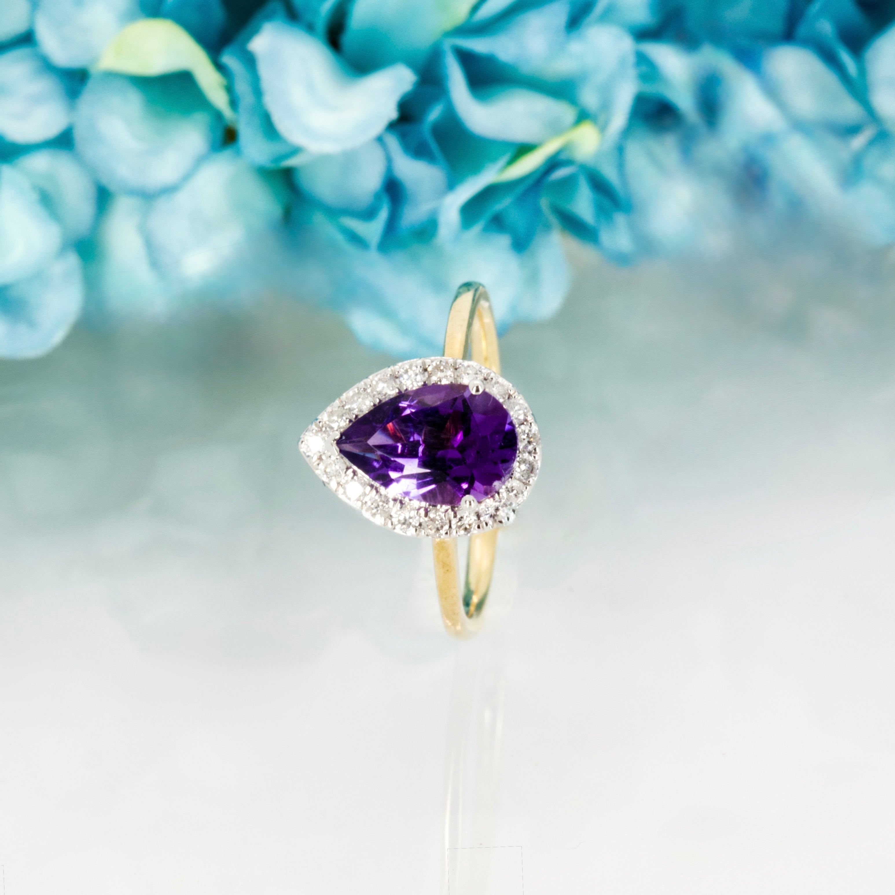 9ct Yellow Gold Pear Cut Amethyst & Round Brilliant Cut Diamond Halo Cluster Ring
