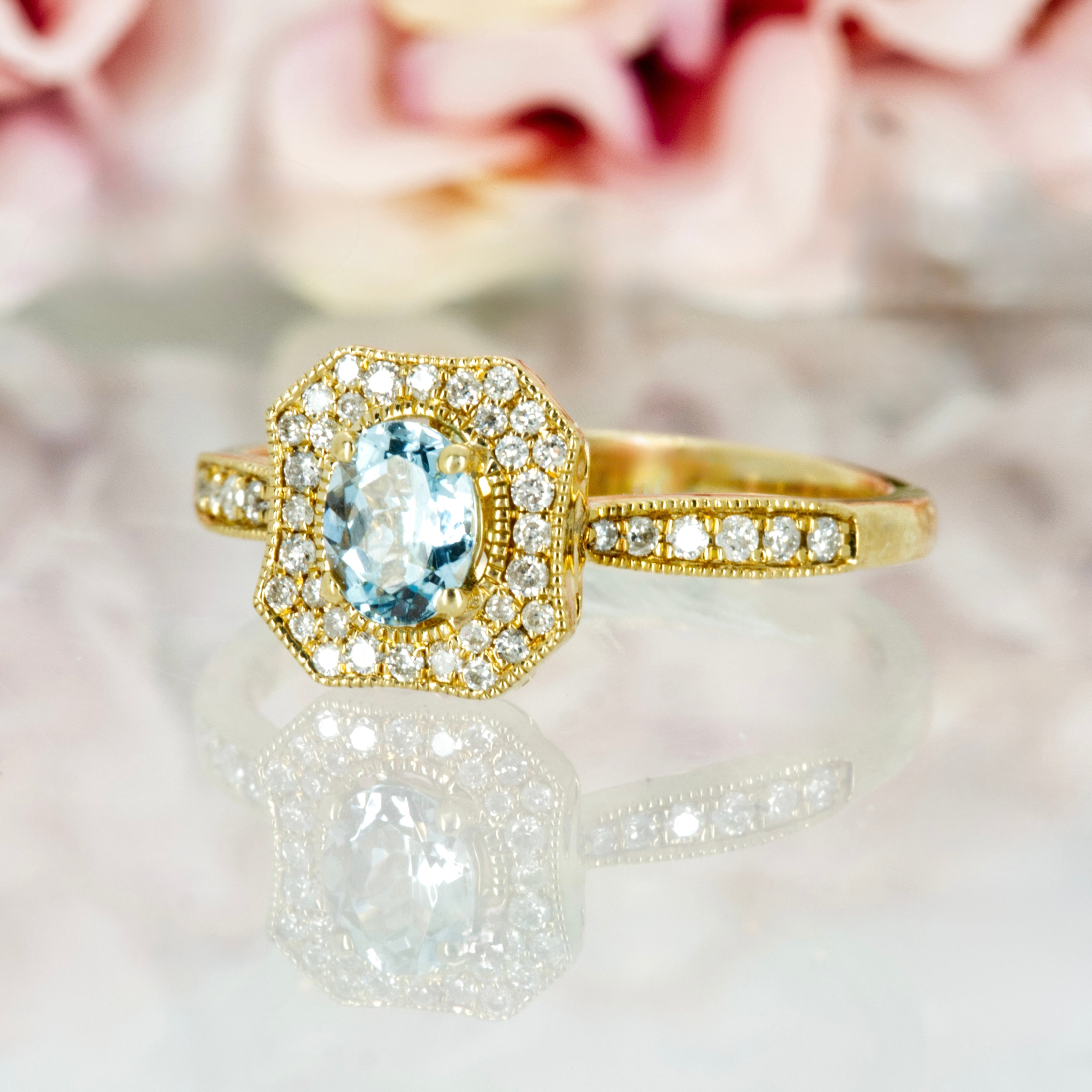 9ct Yellow Gold Oval Cut Aquamarine & Round Brilliant Cut Diamond Octagonal Cluster Ring