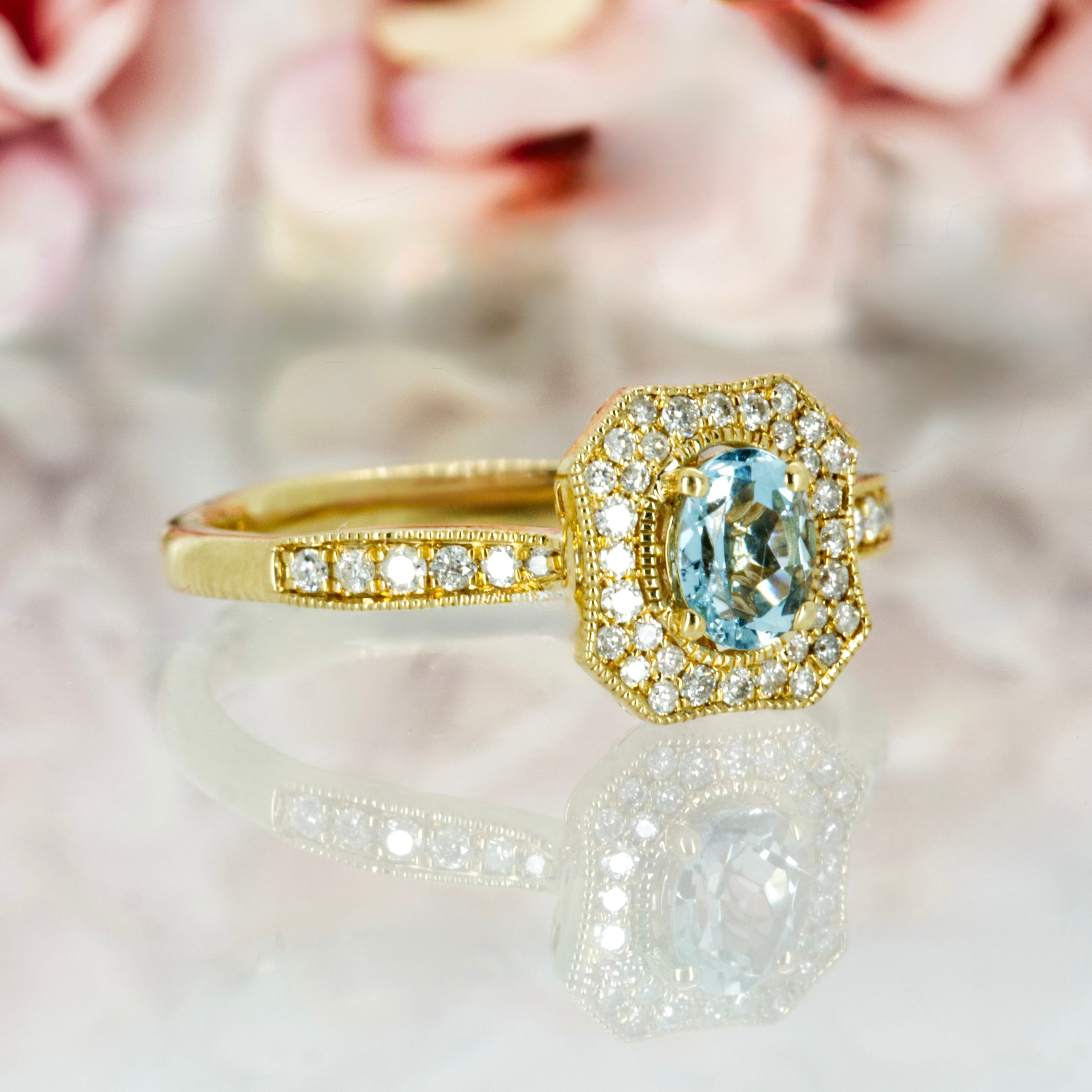 9ct Yellow Gold Oval Cut Aquamarine & Round Brilliant Cut Diamond Octagonal Cluster Ring