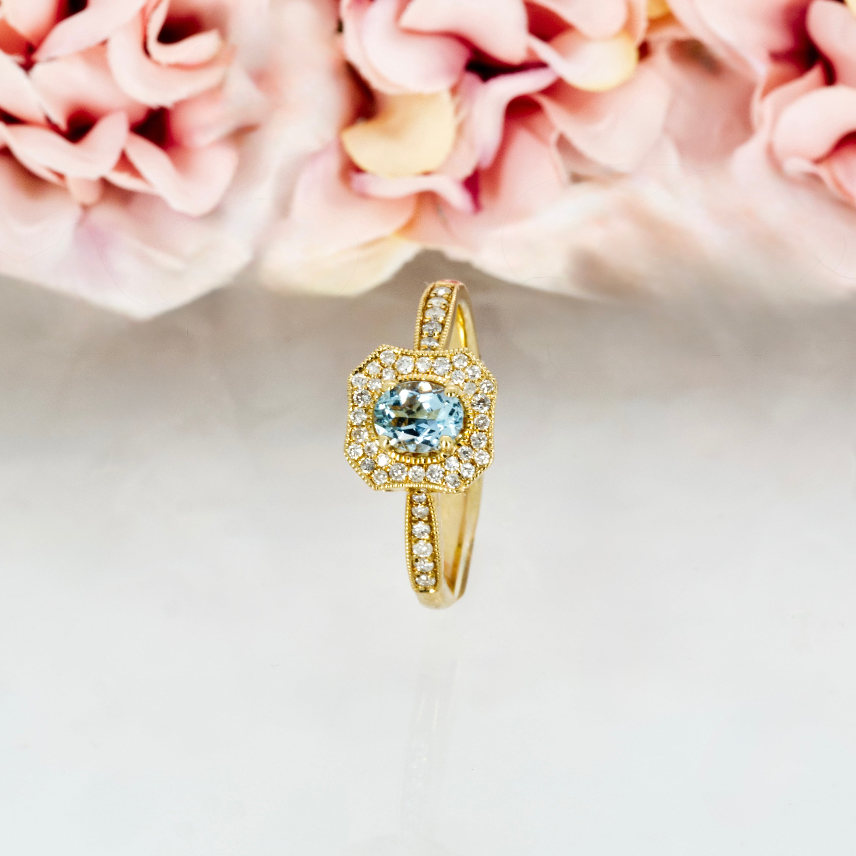 9ct Yellow Gold Oval Cut Aquamarine & Round Brilliant Cut Diamond Octagonal Cluster Ring