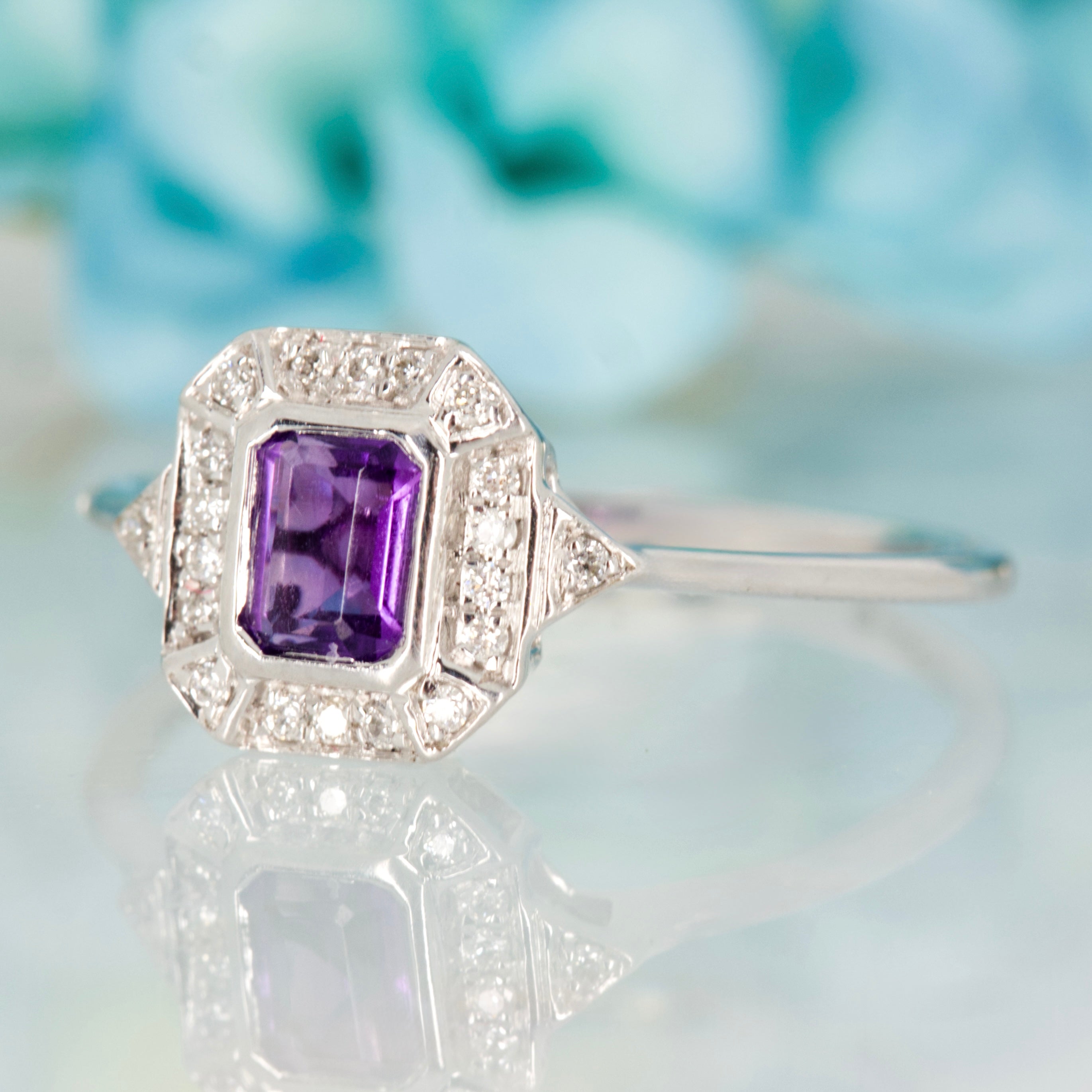 9ct White Gold Octagonal Cut Amethyst & Round Brilliant Cut Diamond Halo Cluster Ring