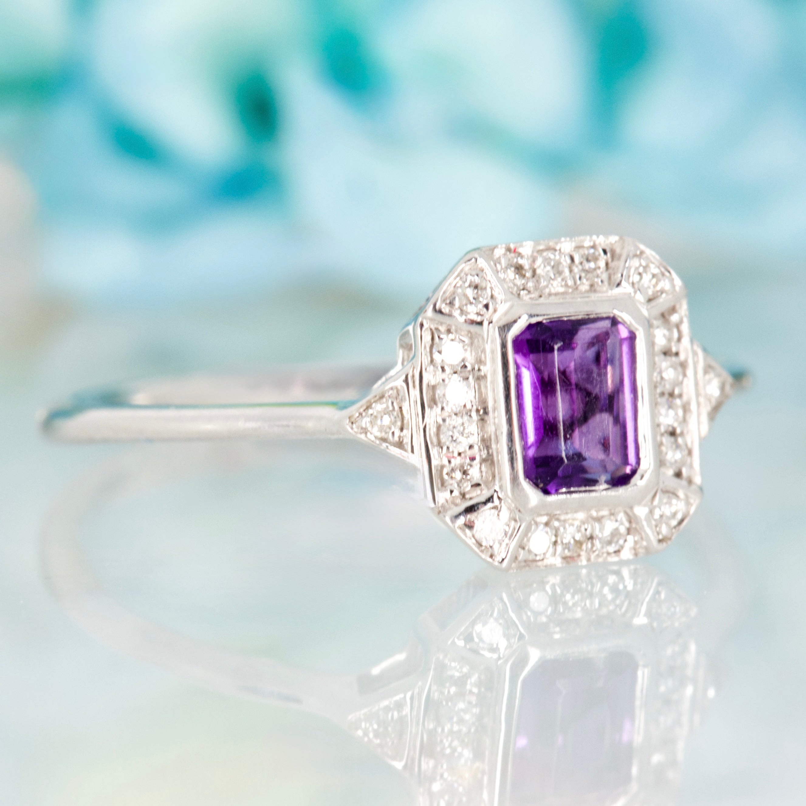 9ct White Gold Octagonal Cut Amethyst & Round Brilliant Cut Diamond Halo Cluster Ring