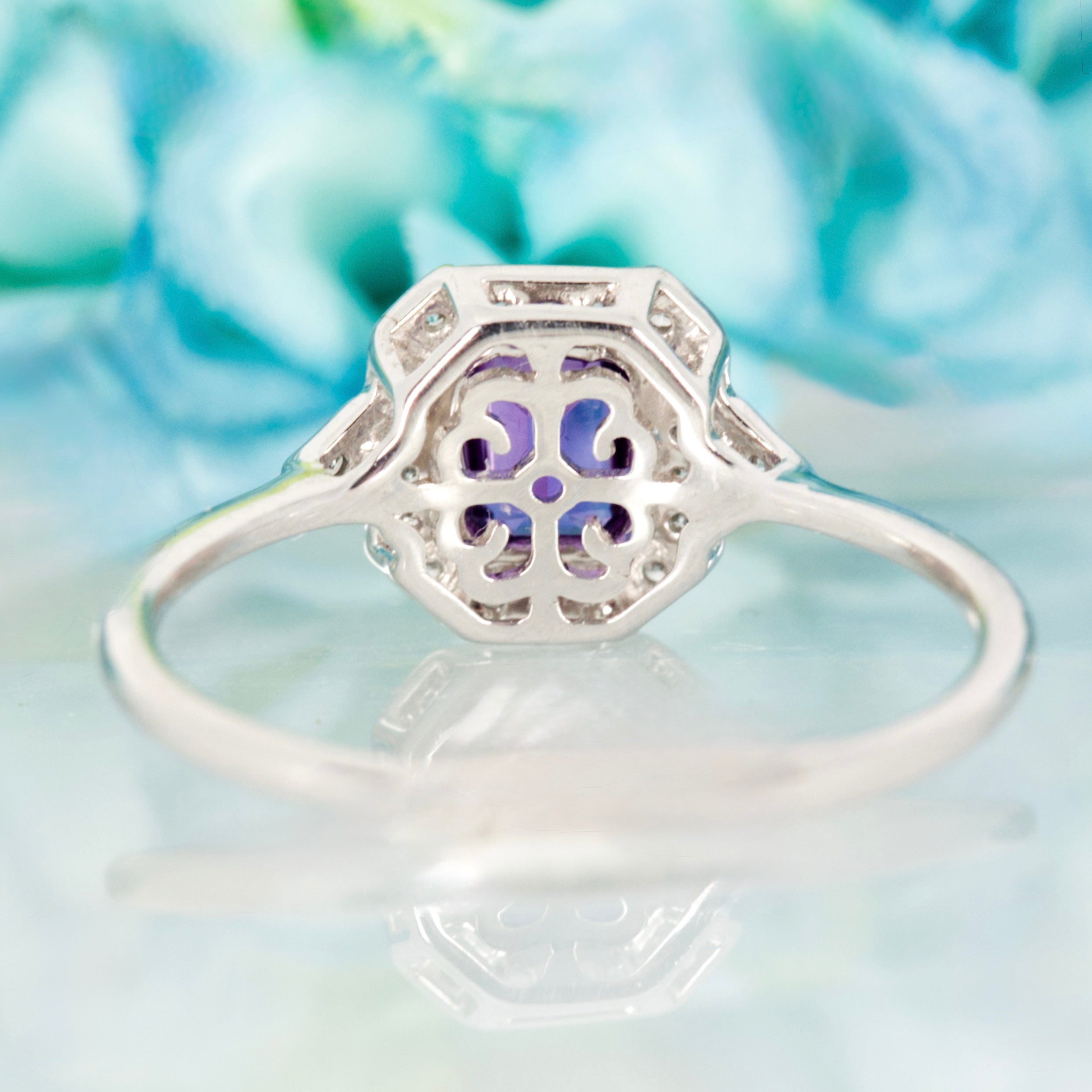 9ct White Gold Octagonal Cut Amethyst & Round Brilliant Cut Diamond Halo Cluster Ring