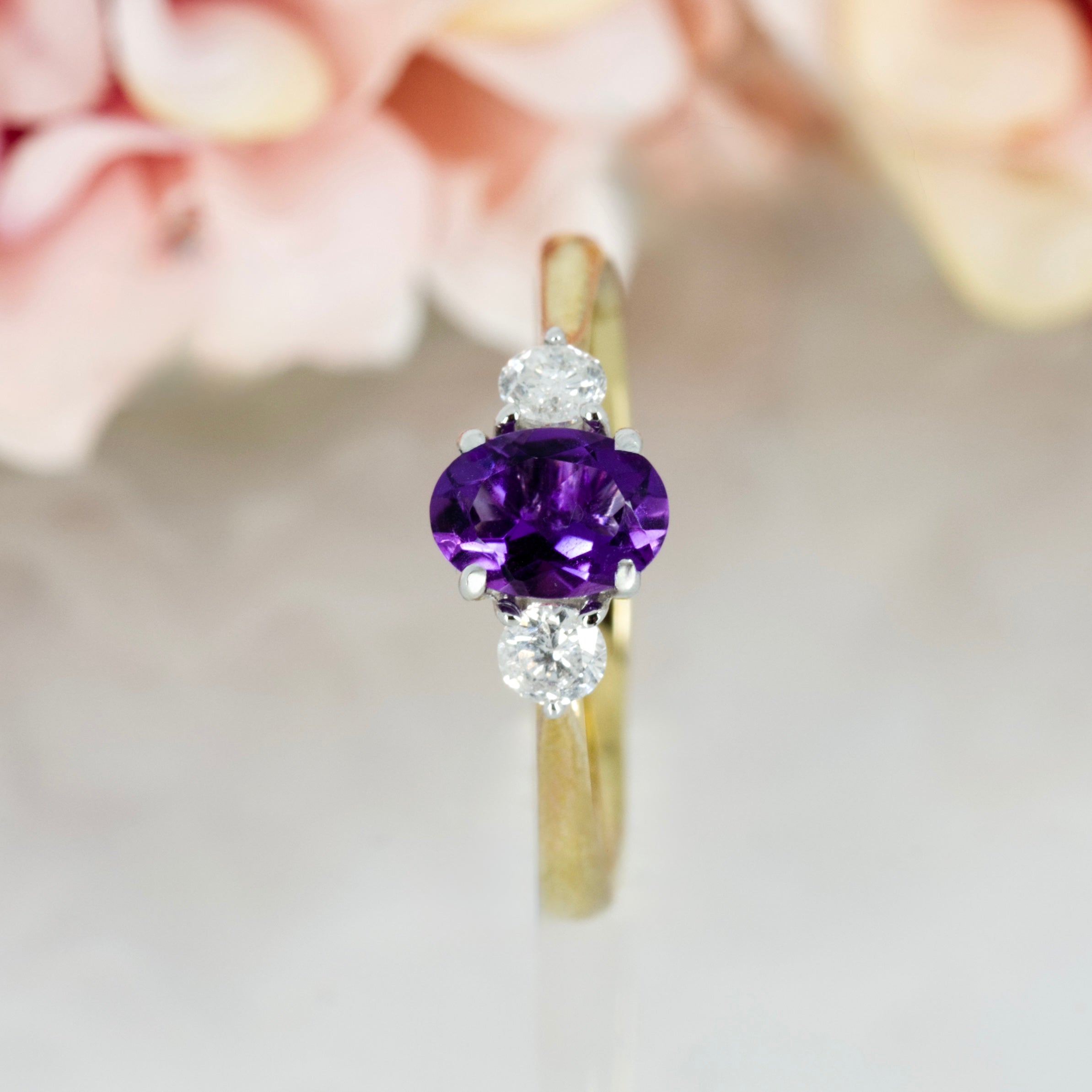 9ct Yellow Gold Oval Cut Amethyst & Round Brilliant Cut Diamond Trilogy Ring