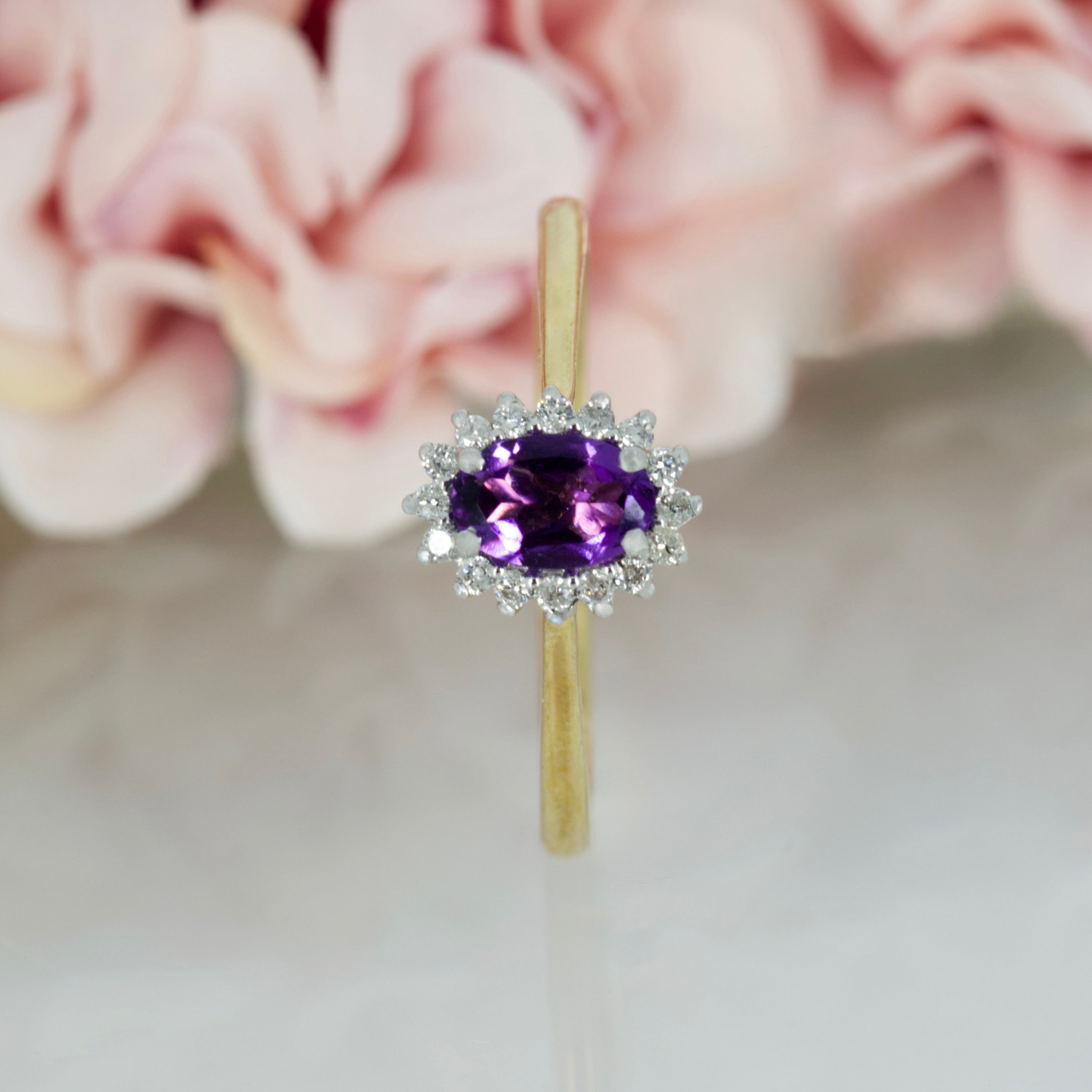 9ct Yellow Gold Oval Cut Amethyst & Round Brilliant Cut Diamond Cluster Ring