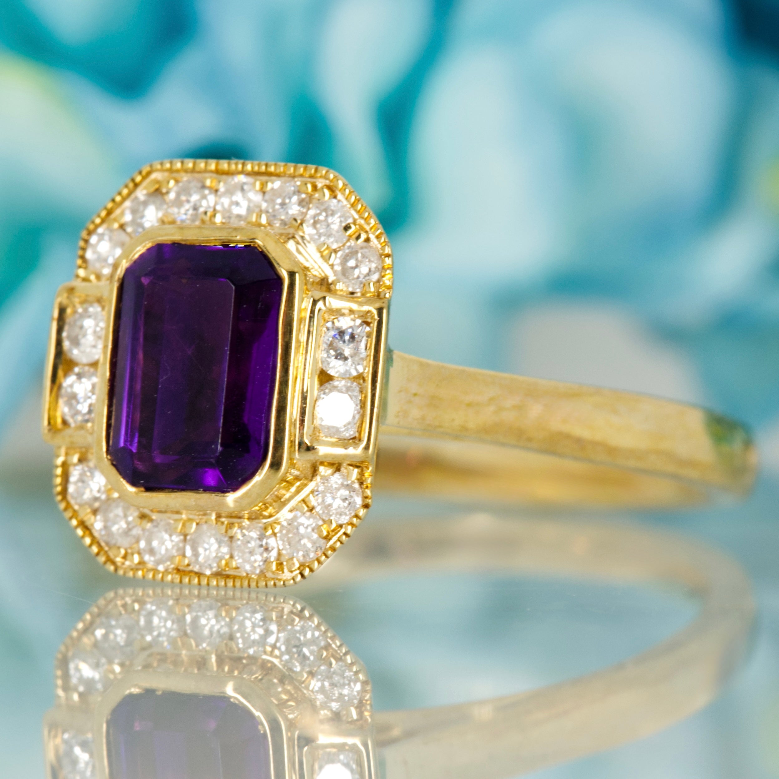 9ct Yellow Gold Octagonal Cut Amethyst & Round Brilliant Cut Diamond Halo Cluster Ring