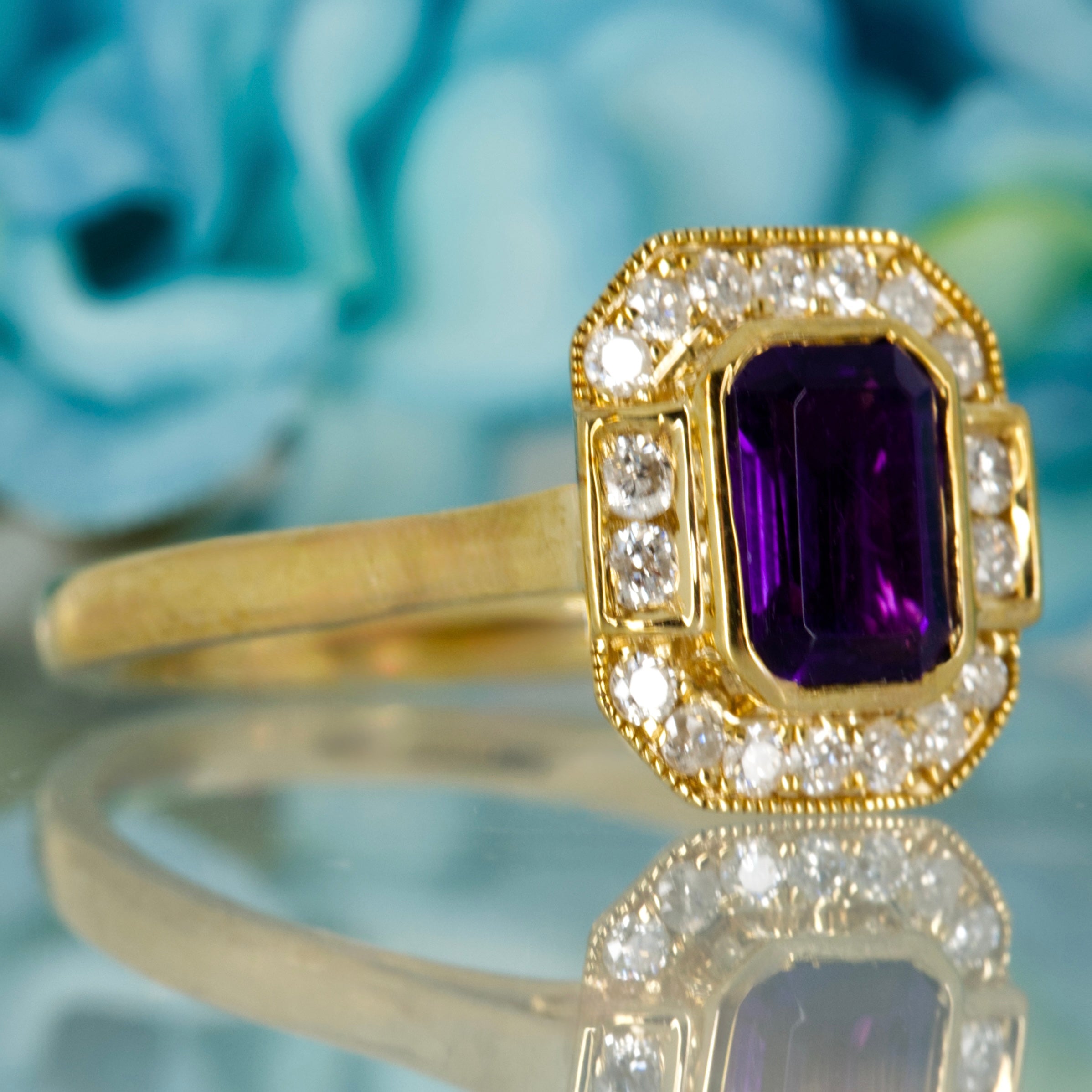 9ct Yellow Gold Octagonal Cut Amethyst & Round Brilliant Cut Diamond Halo Cluster Ring