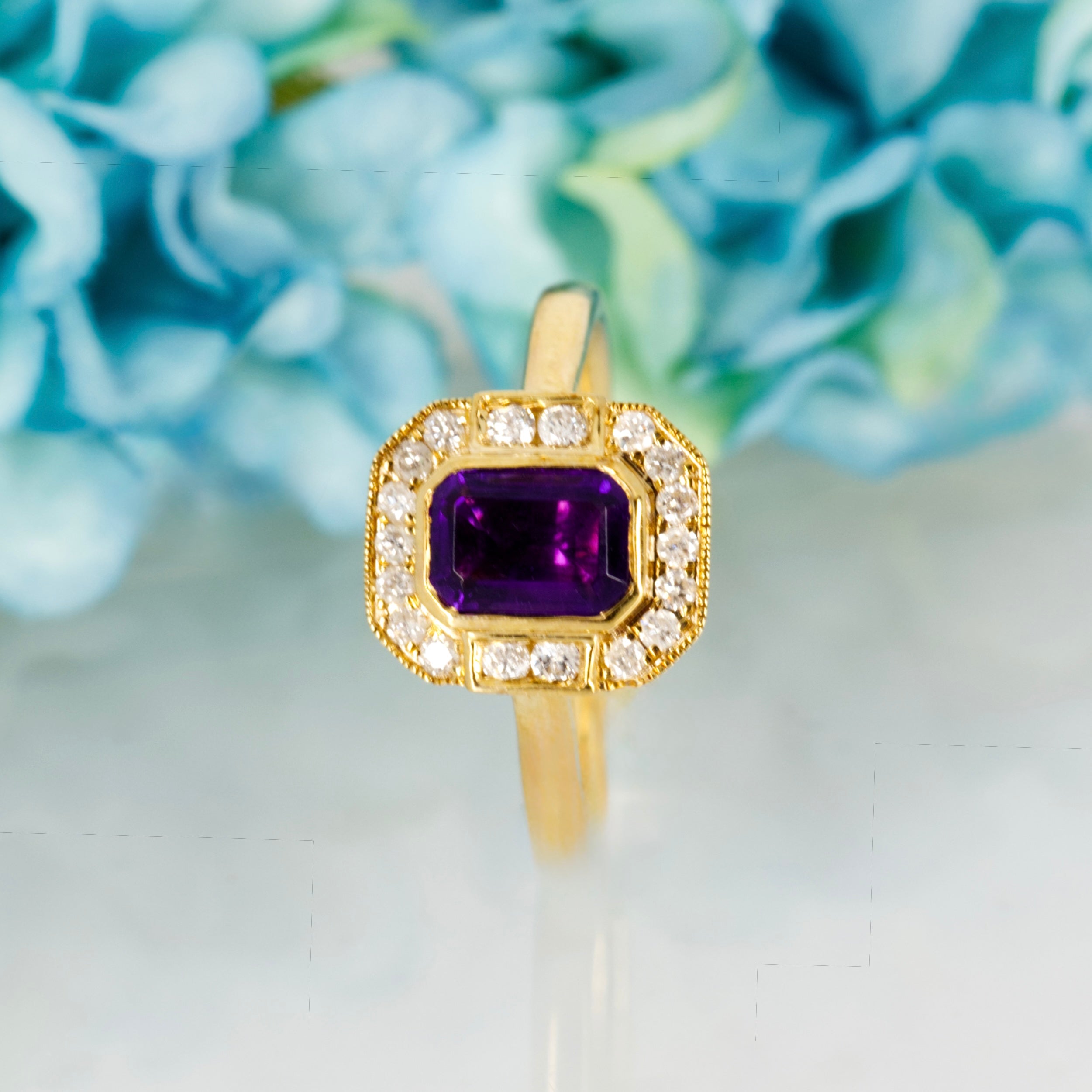 9ct Yellow Gold Octagonal Cut Amethyst & Round Brilliant Cut Diamond Halo Cluster Ring