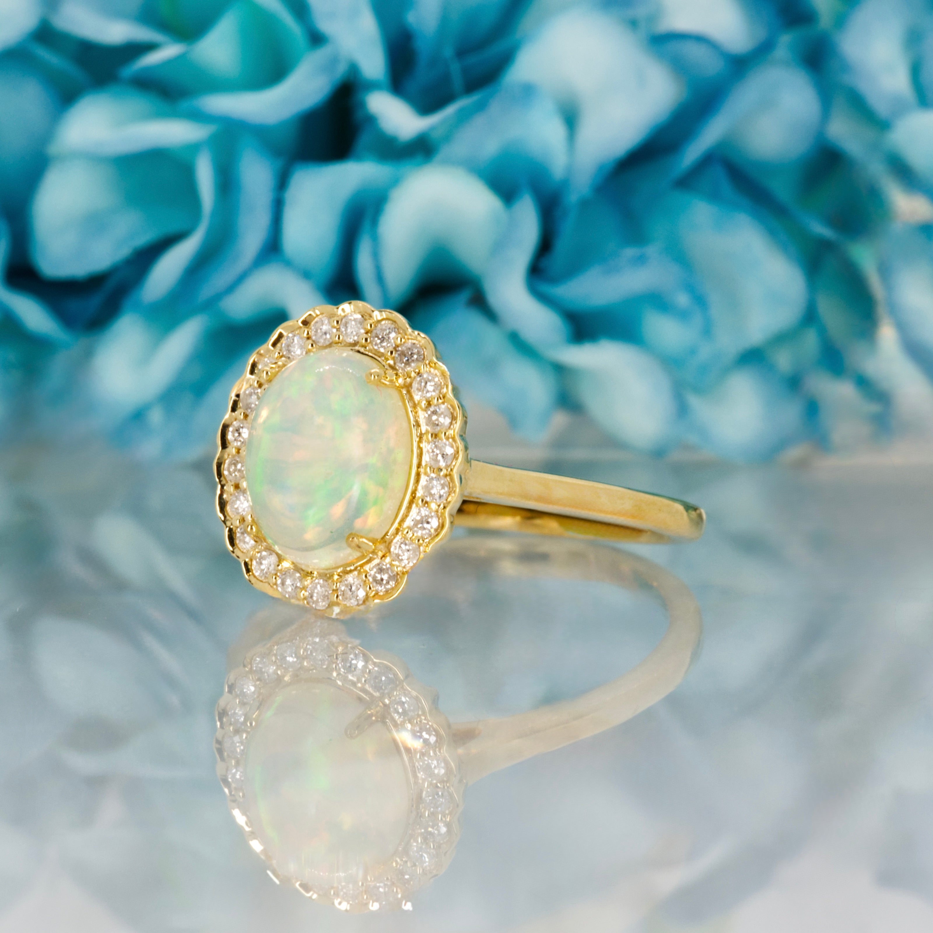 9ct Yellow Gold Opal & Round Brilliant Cut Diamond Cluster Ring
