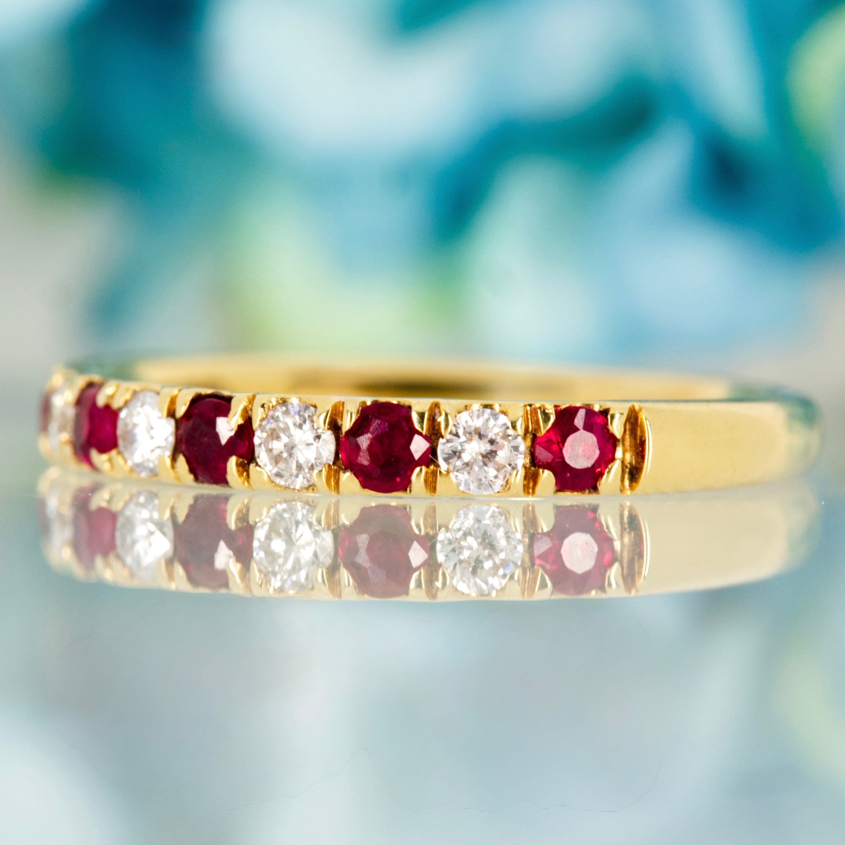 18ct Yellow Gold Round Cut Ruby & Diamond Claw Set Half Eternity Ring