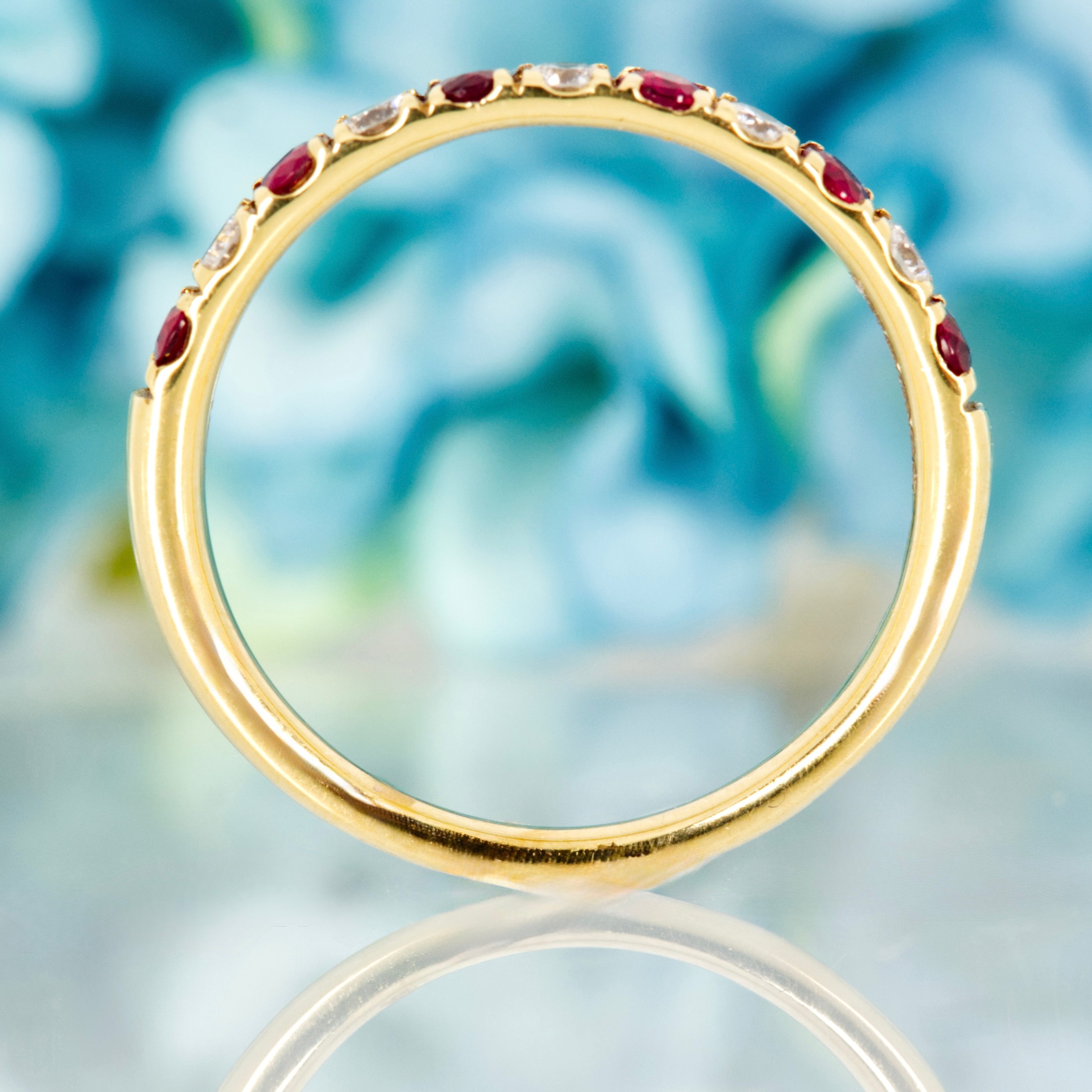 18ct Yellow Gold Round Cut Ruby & Diamond Claw Set Half Eternity Ring