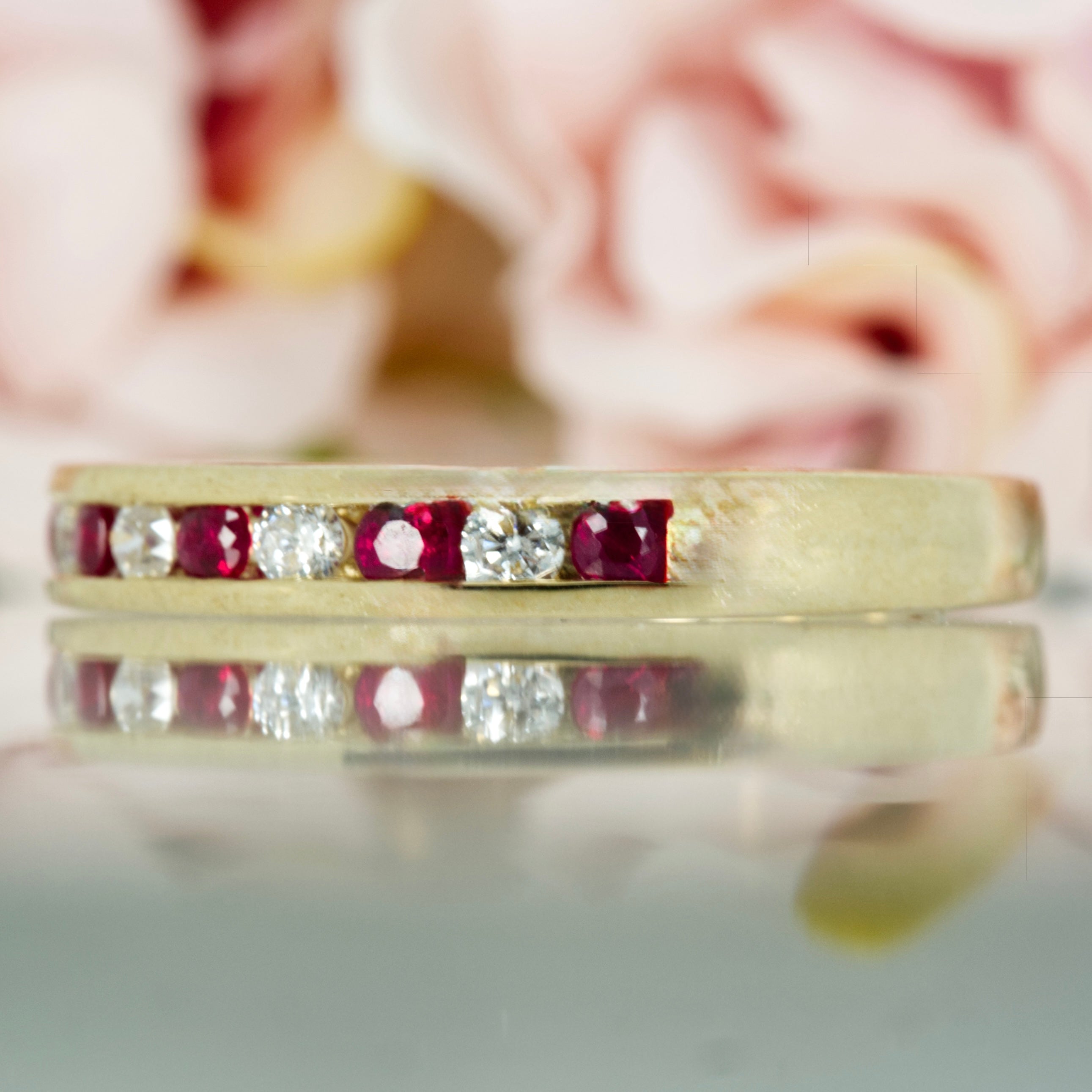 9ct Yellow Gold Round Cut Ruby & Round Brilliant Cut Diamond Channel Set Half Eternity Ring