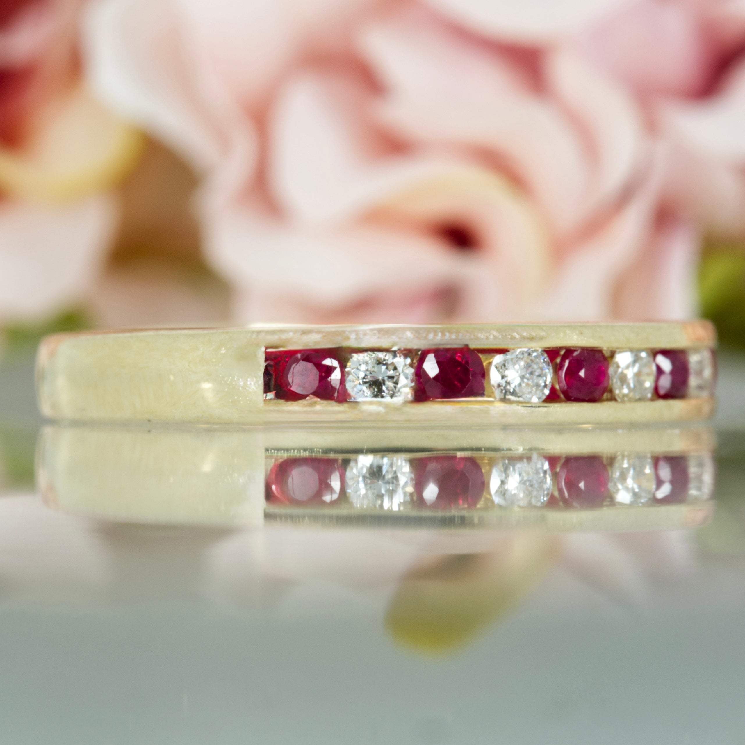 9ct Yellow Gold Round Cut Ruby & Round Brilliant Cut Diamond Channel Set Half Eternity Ring