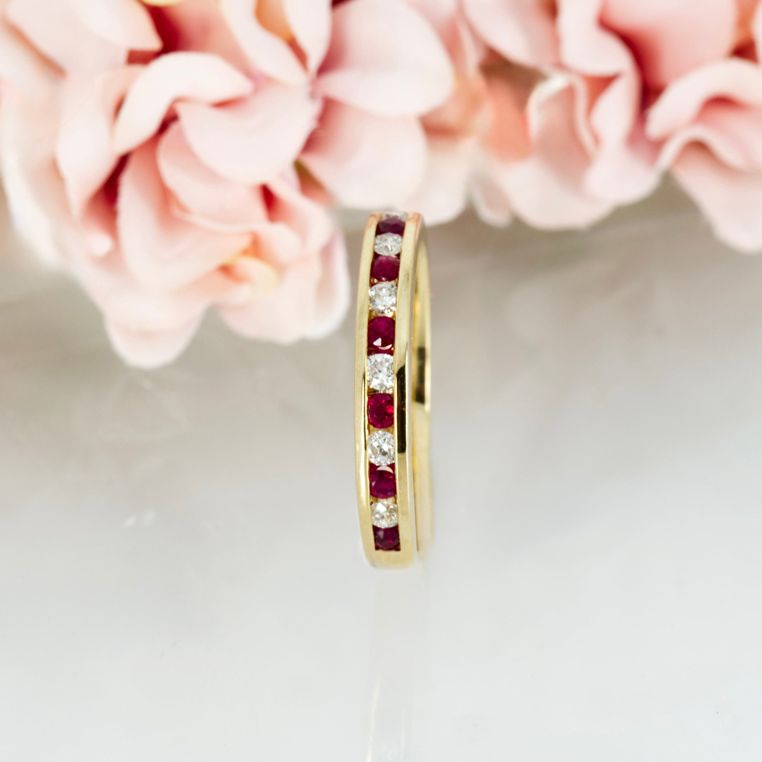 9ct Yellow Gold Round Cut Ruby & Round Brilliant Cut Diamond Channel Set Half Eternity Ring