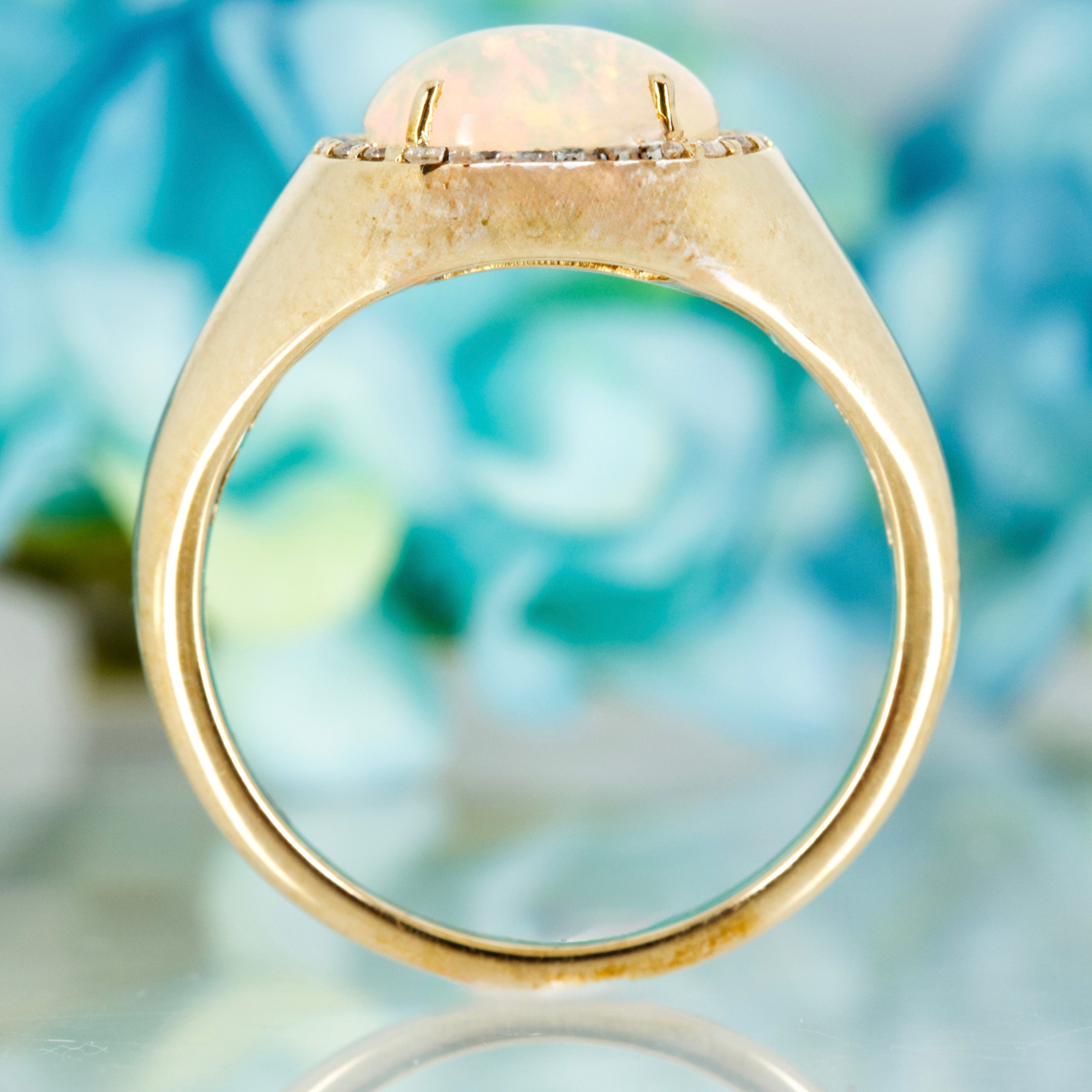 9ct Yellow Gold Oval Shaped Opal & Round Brilliant Cut Diamond Horizontal Cluster Ring